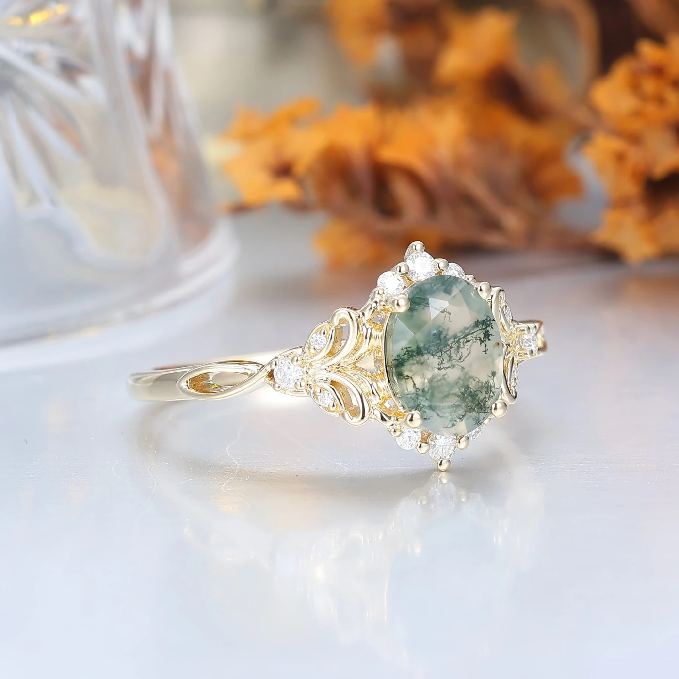 Elegant Oval Cut Moss Agate Wedding Ring 14K Yellow Gold Cluster Leaf Design Bridal Ring - view 13