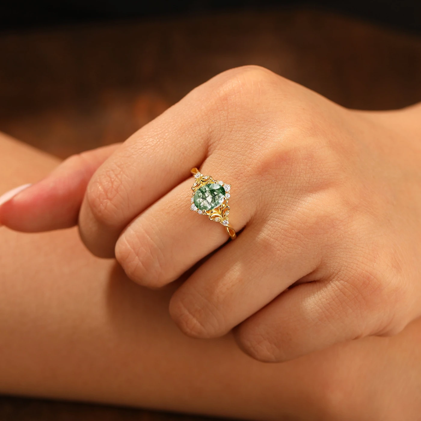 Elegant Oval Cut Moss Agate Wedding Ring 14K Yellow Gold Cluster Leaf Design Bridal Ring - view 9
