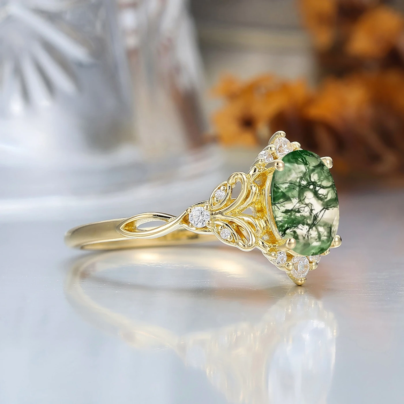 Elegant Oval Cut Moss Agate Wedding Ring 14K Yellow Gold Cluster Leaf Design Bridal Ring - view 5