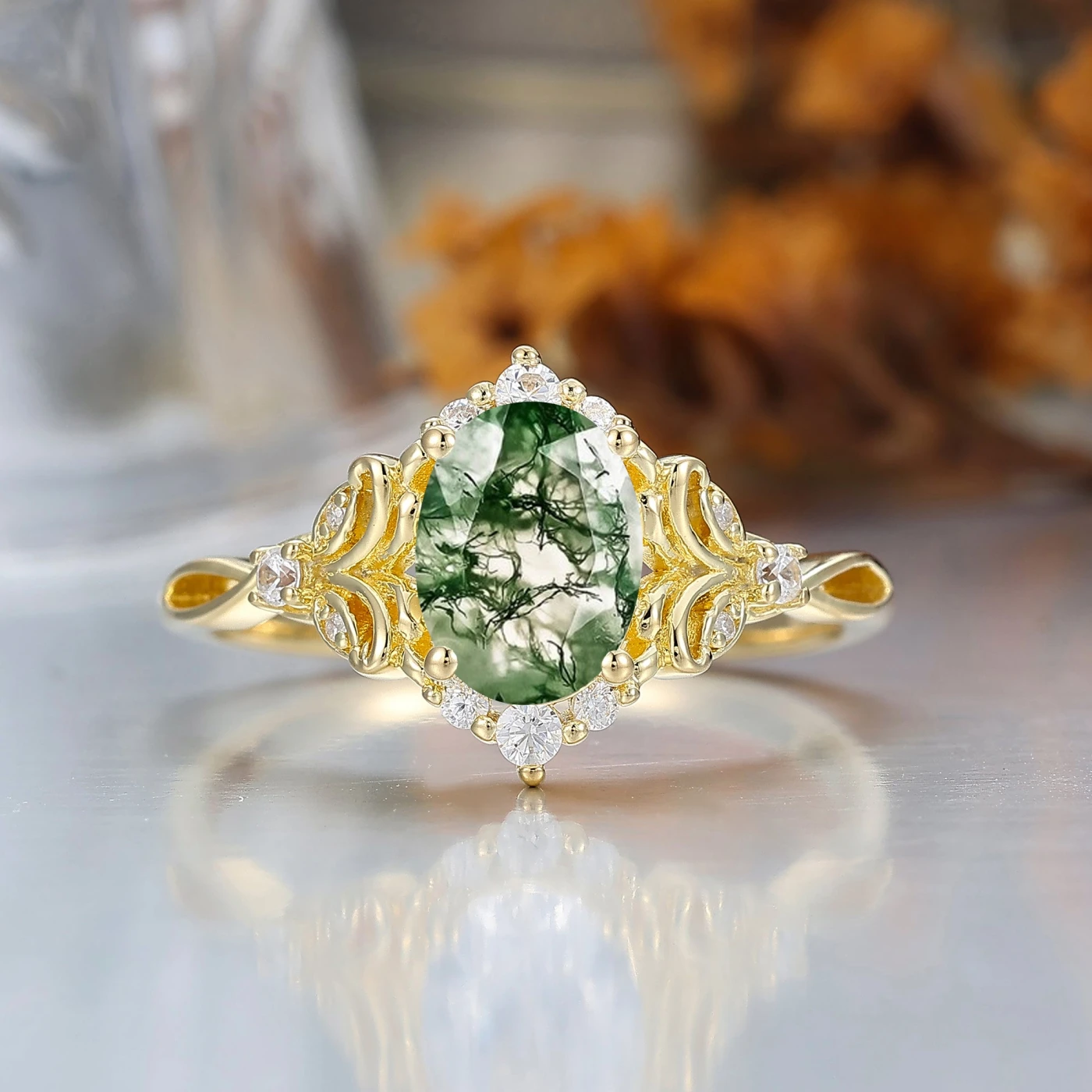 Elegant Oval Cut Moss Agate Wedding Ring 14K Yellow Gold Cluster Leaf Design Bridal Ring - view 3