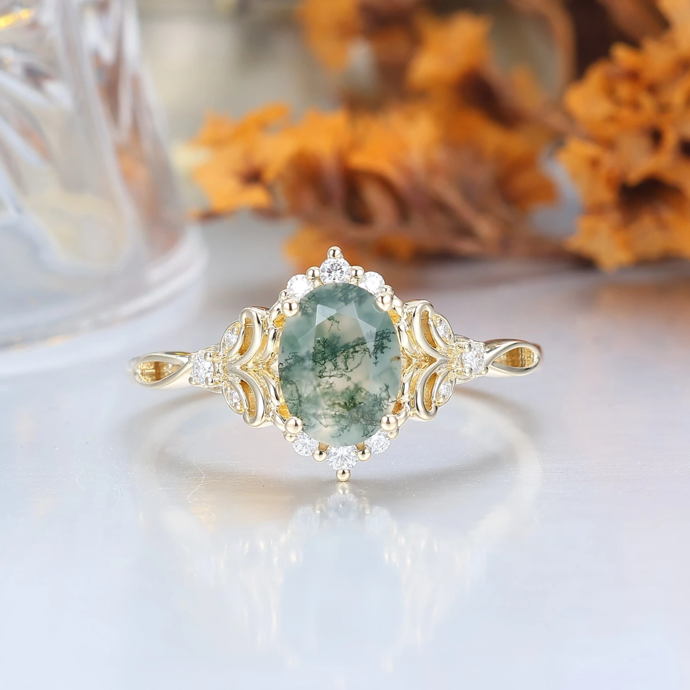 Elegant Oval Cut Moss Agate Wedding Ring 14K Yellow Gold Cluster Leaf Design Bridal Ring - view 12