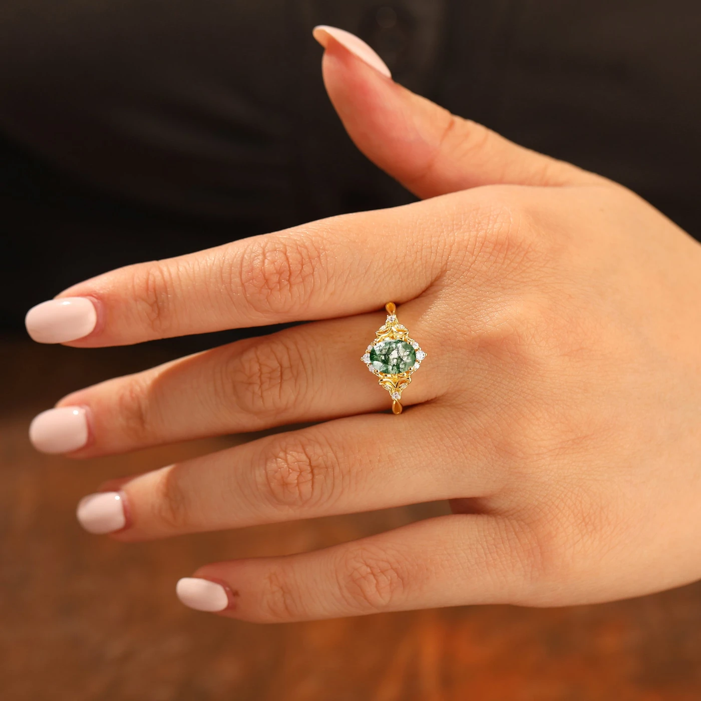 Elegant Oval Cut Moss Agate Wedding Ring 14K Yellow Gold Cluster Leaf Design Bridal Ring - view 6