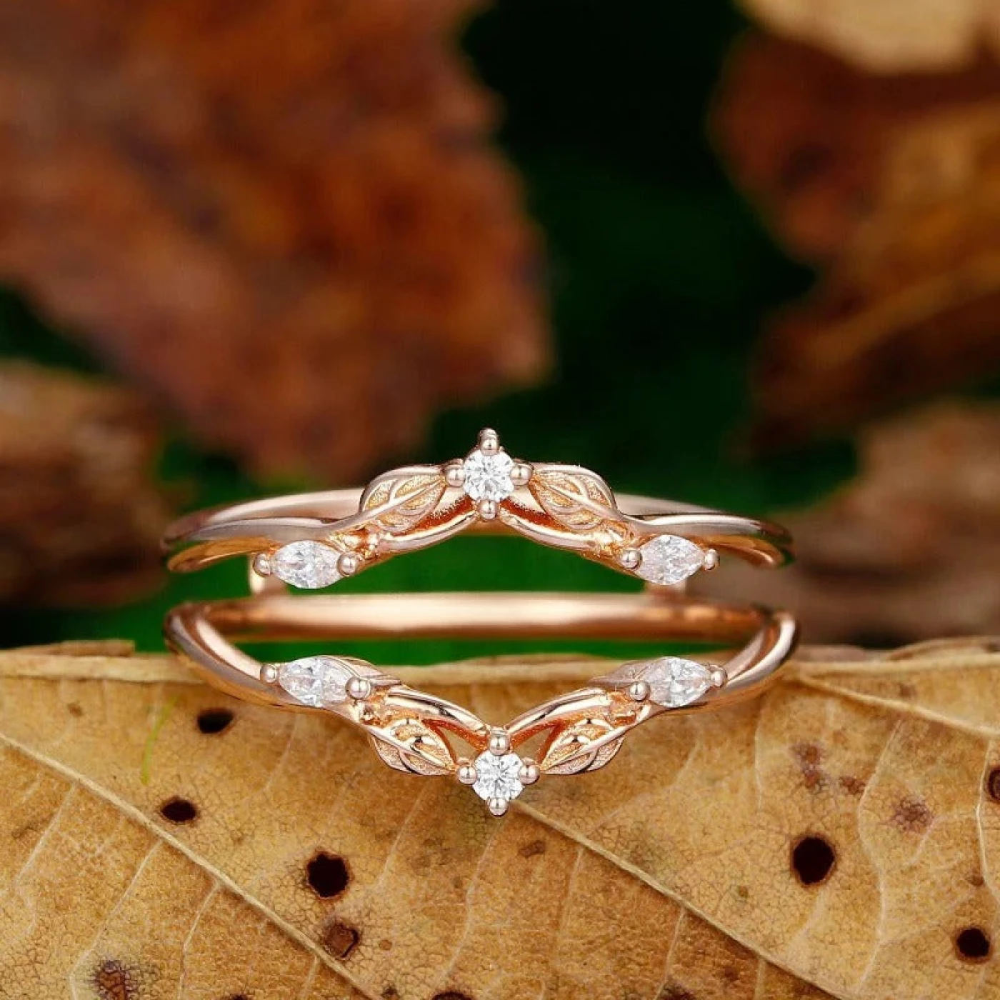Unique Lab Grown Diamond Bridal Stackable Nesting Band 14K Rose Gold Wedding Ring