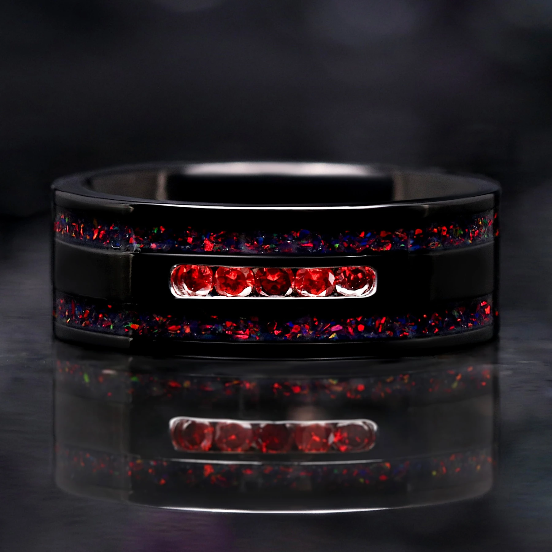 Garnet & Black Fire Opal Wedding Band - Mens Engagement Ring