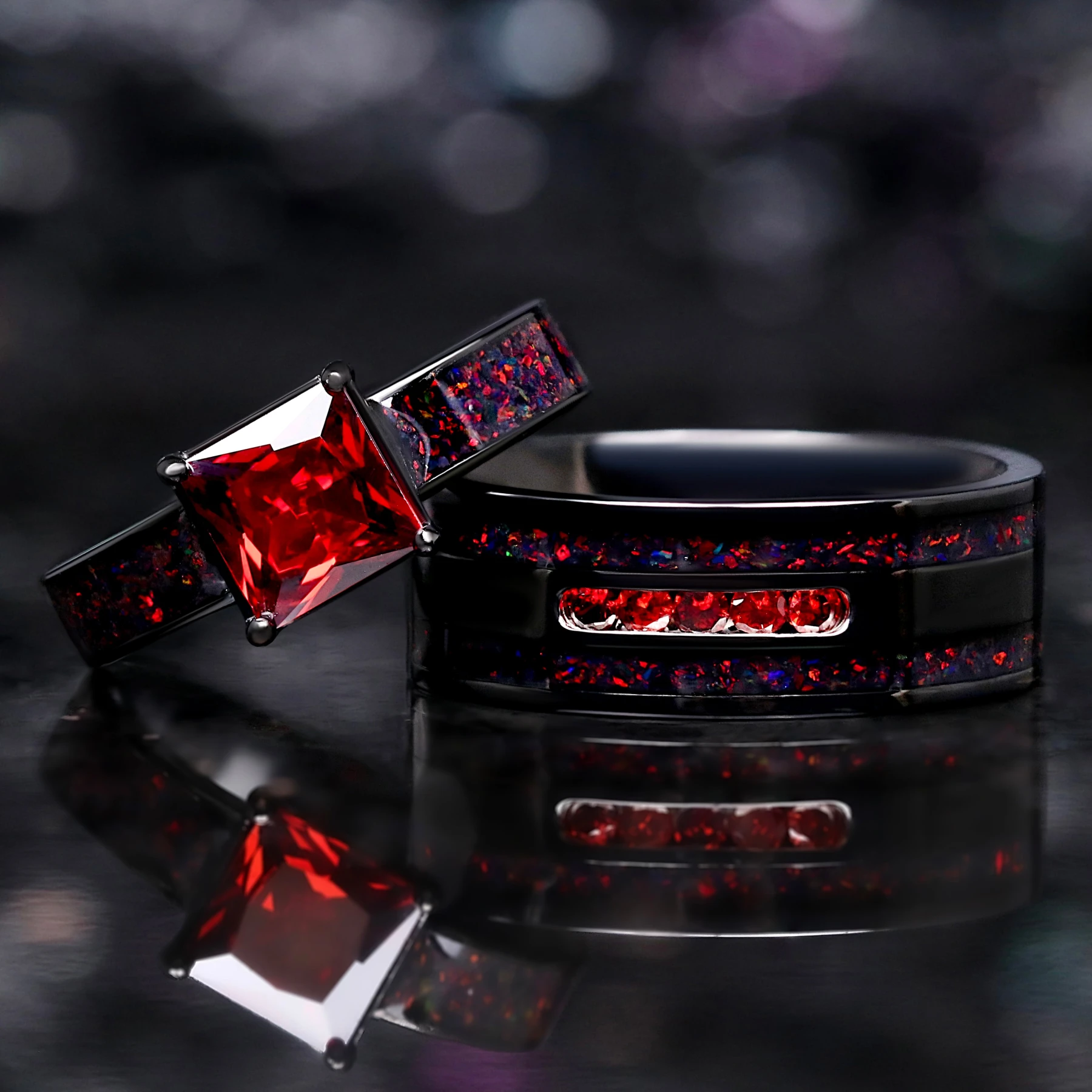 Enla Black Fire Opal & Garnet Wedding Ring Set for Couples