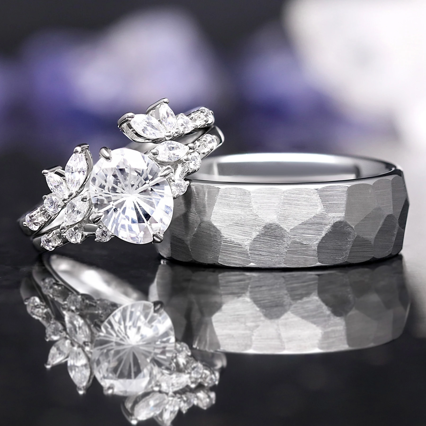 Everleaf Couples Ring Set - White Sapphire Engagement Ring Set