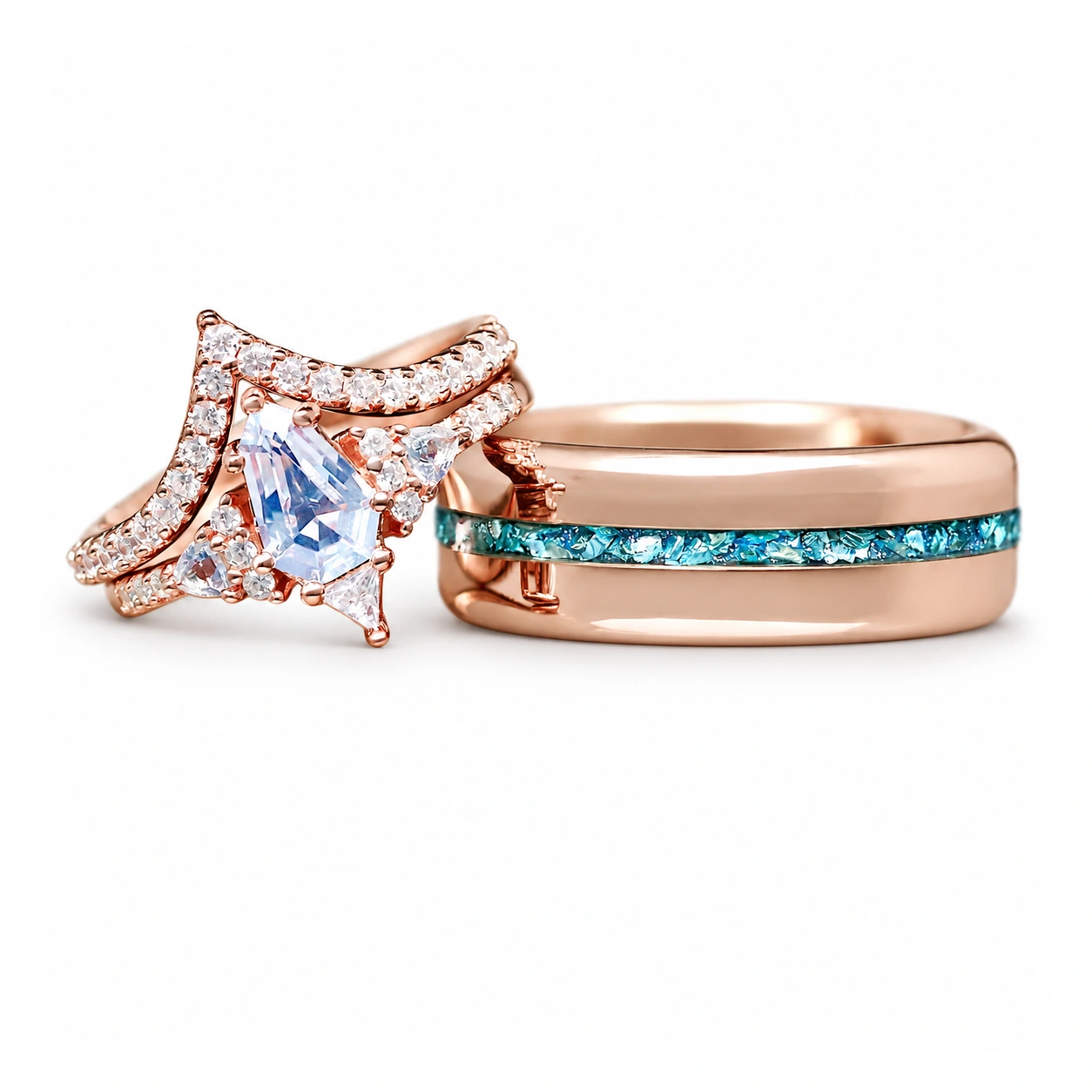 Lumiere Aquamarine Couples Ring Set in Rose Gold | His and Her
