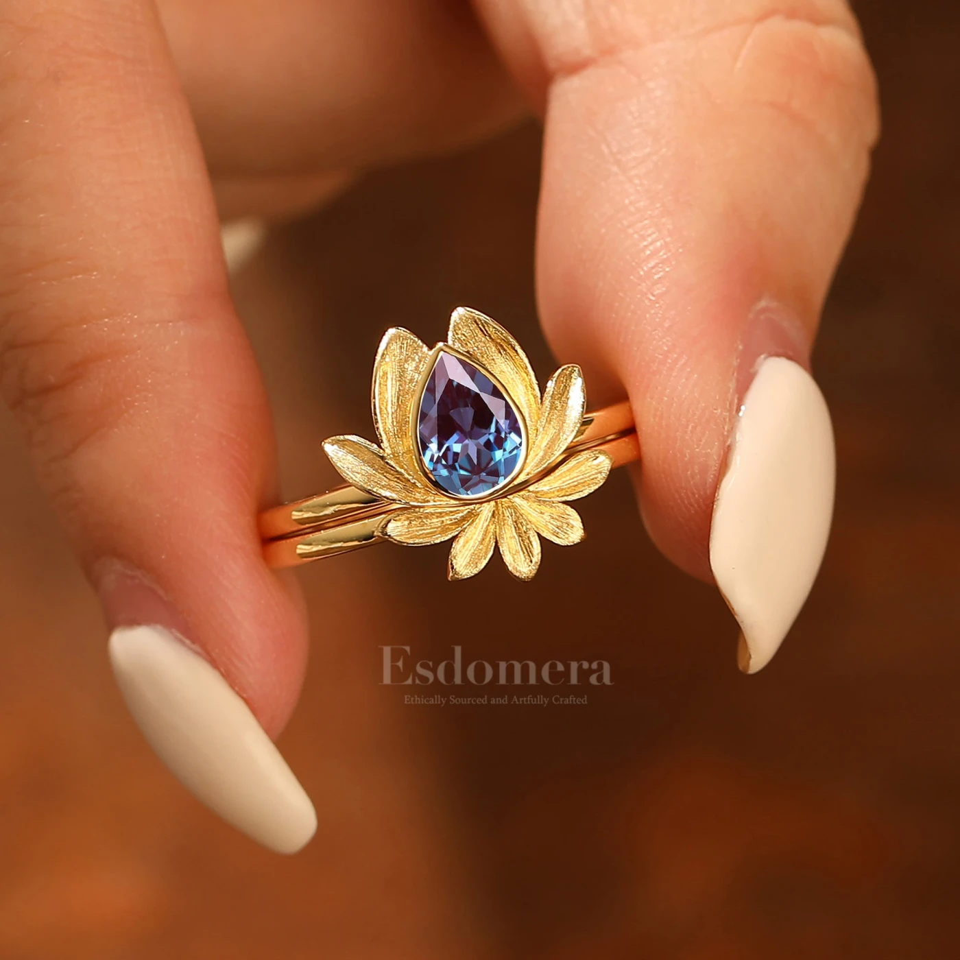 Unique Lotus Design Alexandrite Engagement Ring Set Solitaire