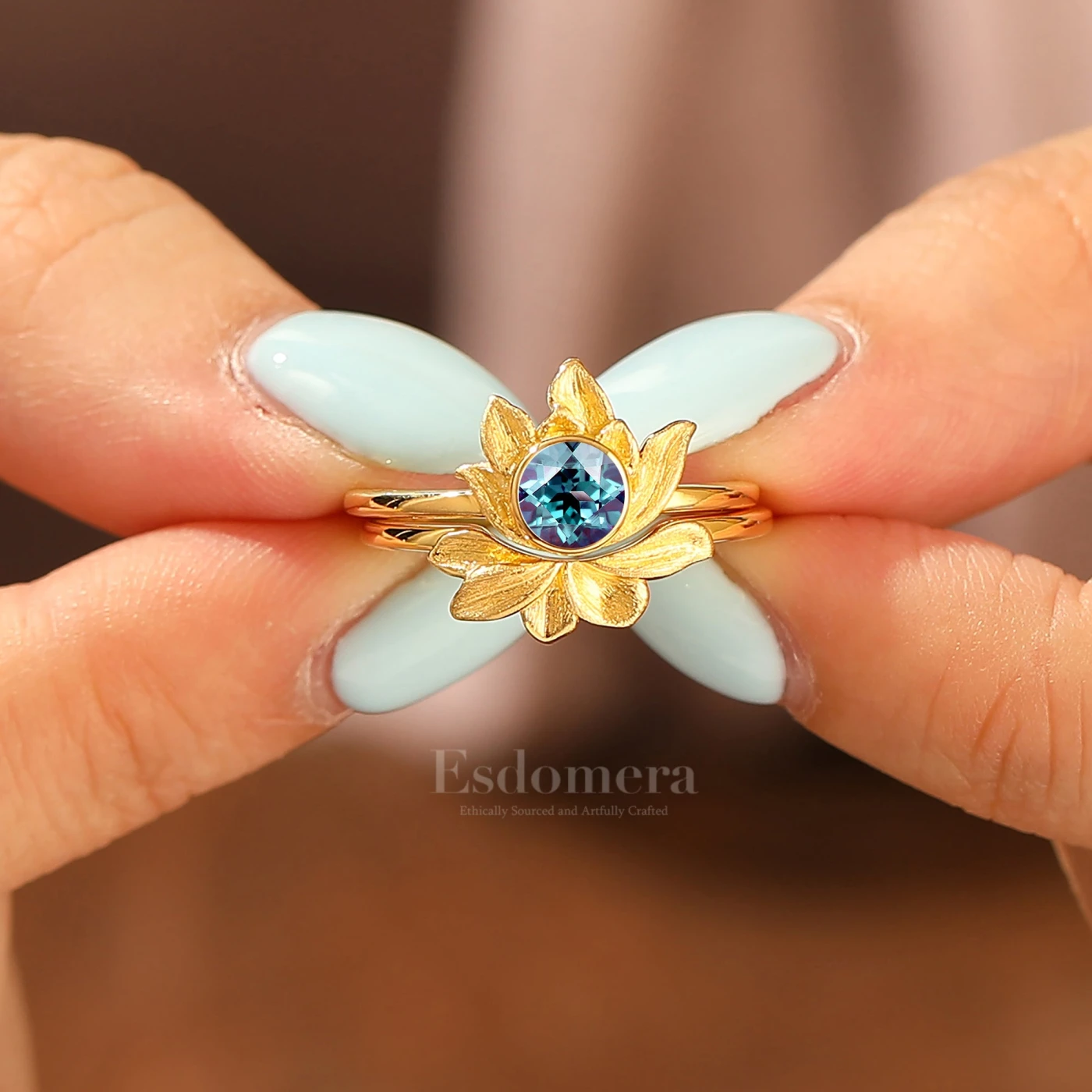 Natural Inspired Round Alexandrite Engagement Ring Set Lotus