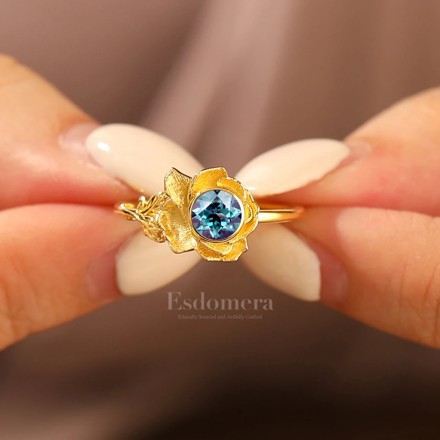 Unique Blooming Flower Alexandrite Bridal Ring 5mm Round Alexandrite Yellow