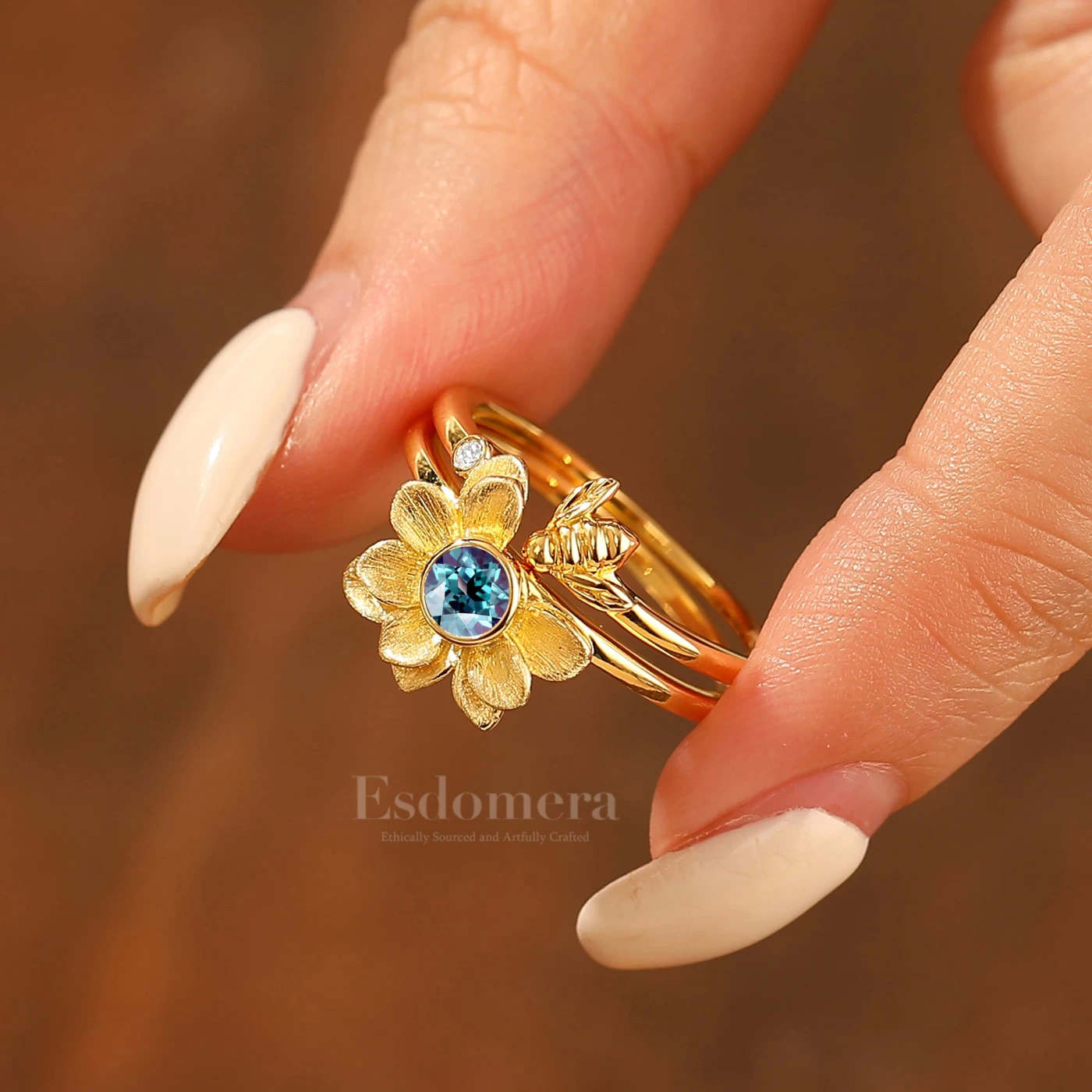 Alexandrite Flower Engagement Ring Set Matching Nature