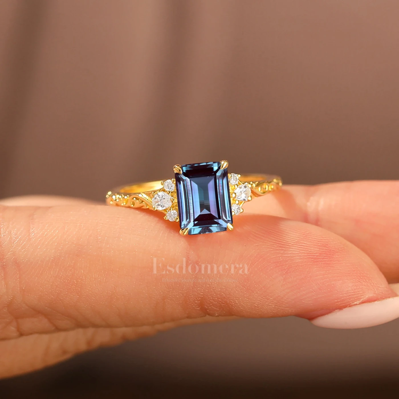 Unique 2CT Leaf-inspired Emerald Cut 14K Yellow Gold Engagement Ring