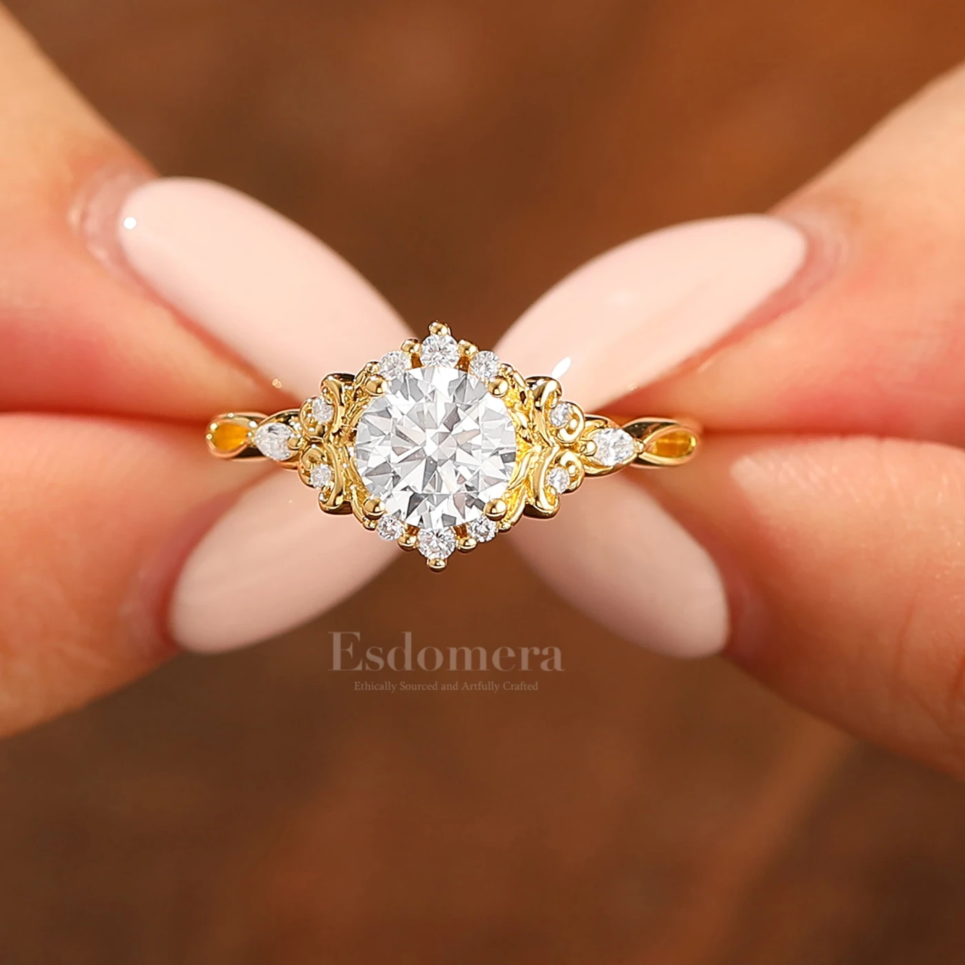 14K Vintage Floral Halo Round Cut Yellow Gold Engagement Ring Filigree Ring