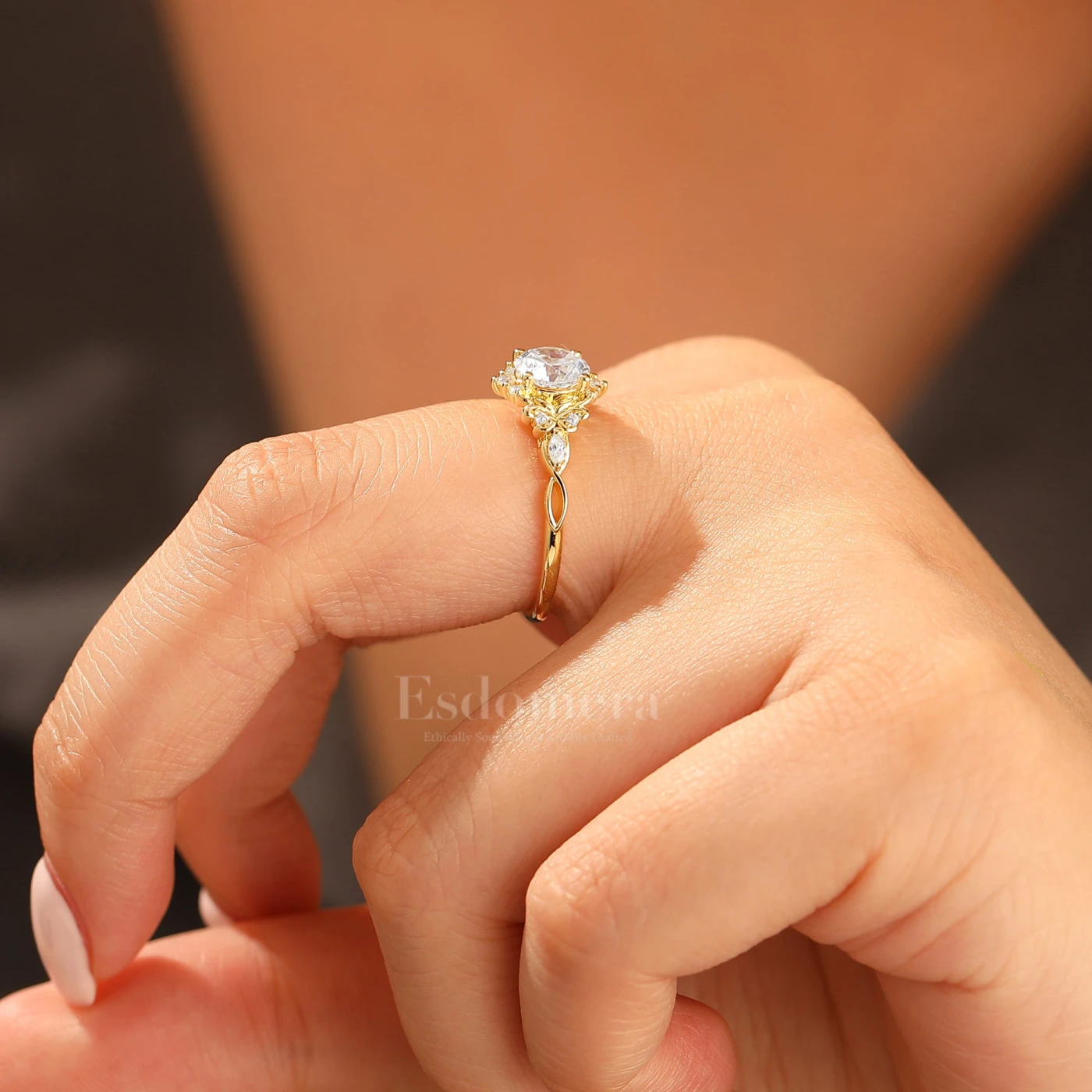 14K Vintage Floral Halo Moissanite Round Cut Yellow Gold Moissanite Engagement Ring Filigree Ring - view 11