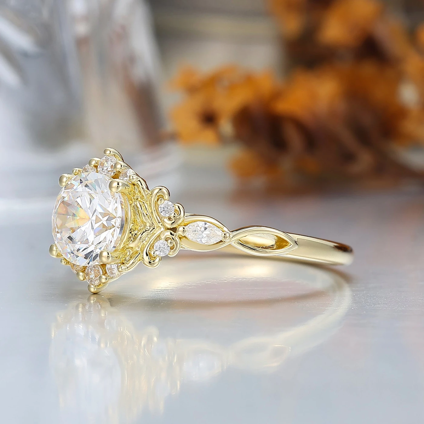 14K Vintage Floral Halo Moissanite Round Cut Yellow Gold Moissanite Engagement Ring Filigree Ring - view 4