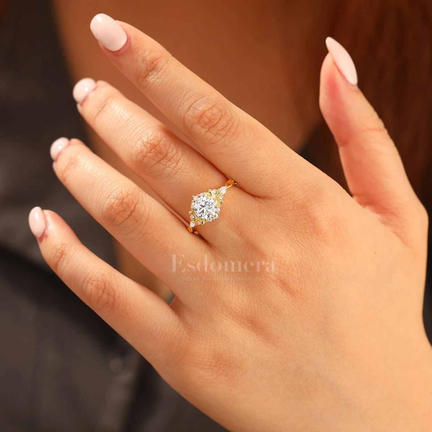 14K Vintage Floral Halo Moissanite Round Cut Yellow Gold Moissanite Engagement Ring Filigree Ring - view 8