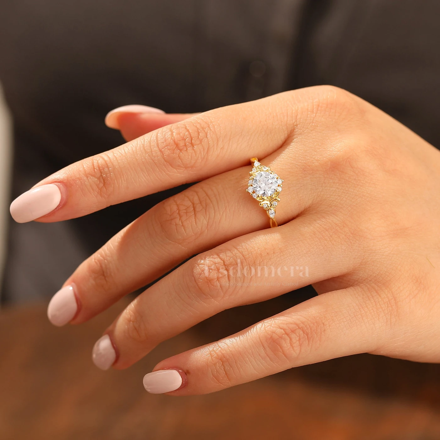 14K Vintage Floral Halo Moissanite Round Cut Yellow Gold Moissanite Engagement Ring Filigree Ring - view 9