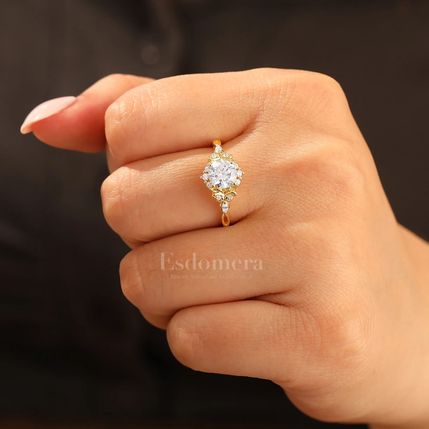 14K Vintage Floral Halo Moissanite Round Cut Yellow Gold Moissanite Engagement Ring Filigree Ring - view 7