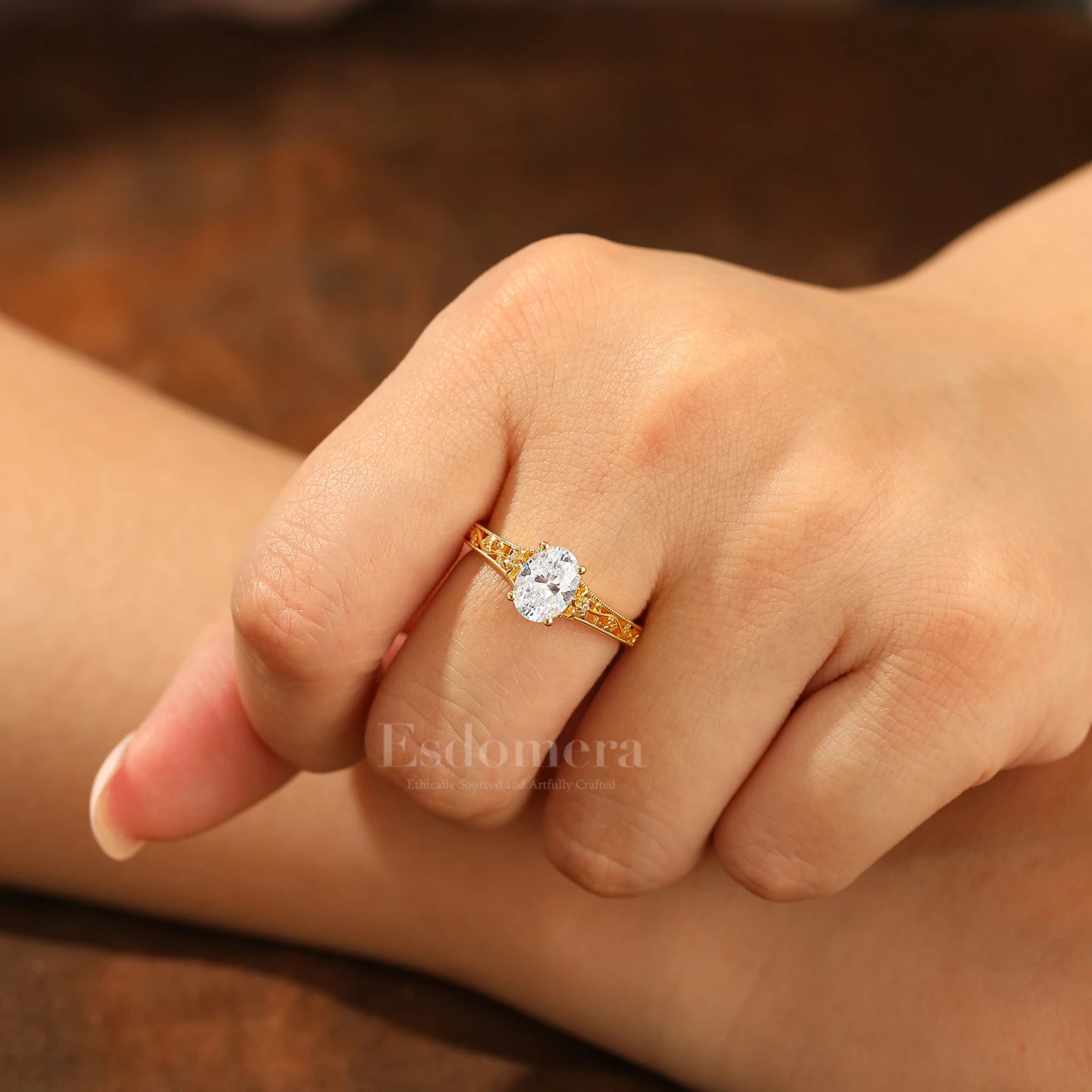 14k Yellow Gold Ornate Filigree Shank Ring Vintage Oval Cut Moissanite Engagement Rings Carved Vine Bridal Ring - view 13