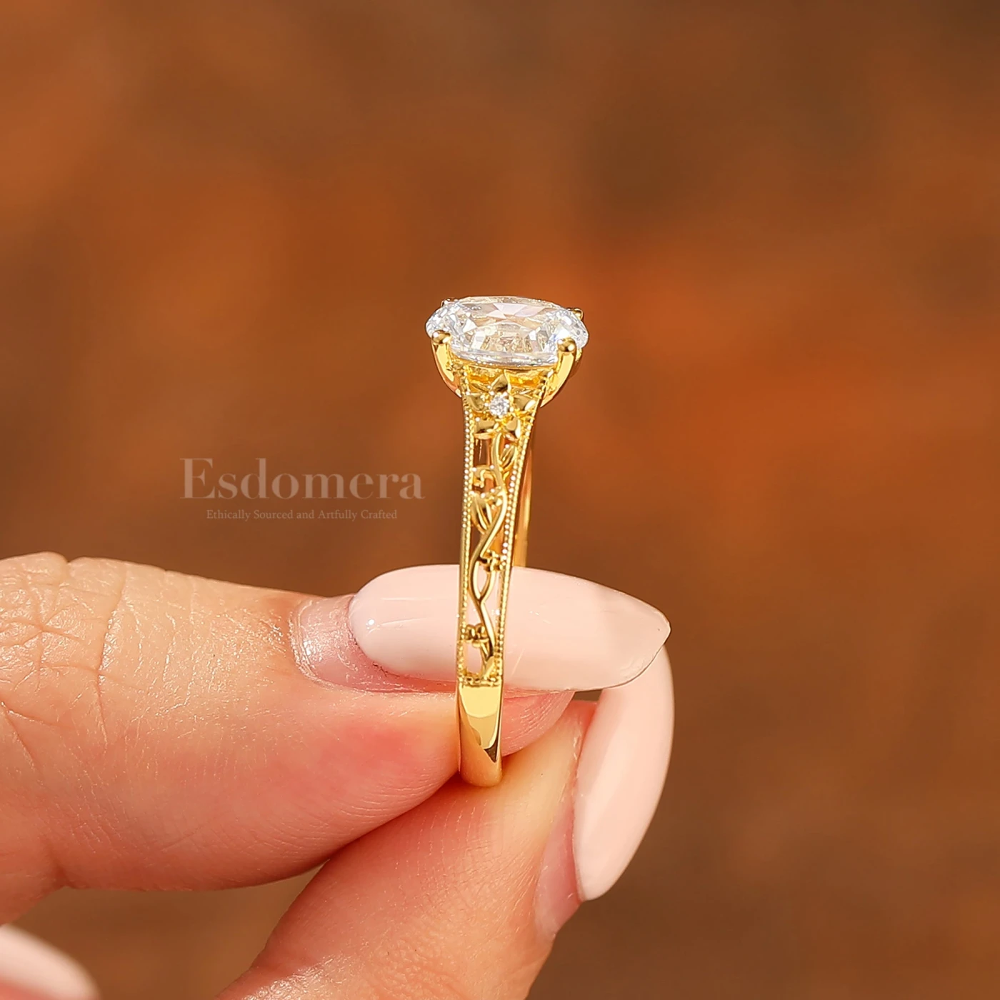 14k Yellow Gold Ornate Filigree Shank Ring Vintage Oval Cut Engagement Rings
