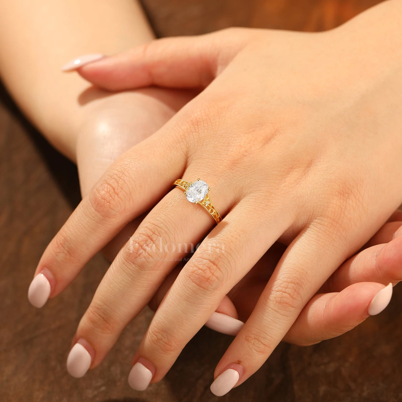 14k Yellow Gold Ornate Filigree Shank Ring Vintage Oval Cut Moissanite Engagement Rings Carved Vine Bridal Ring - view 12