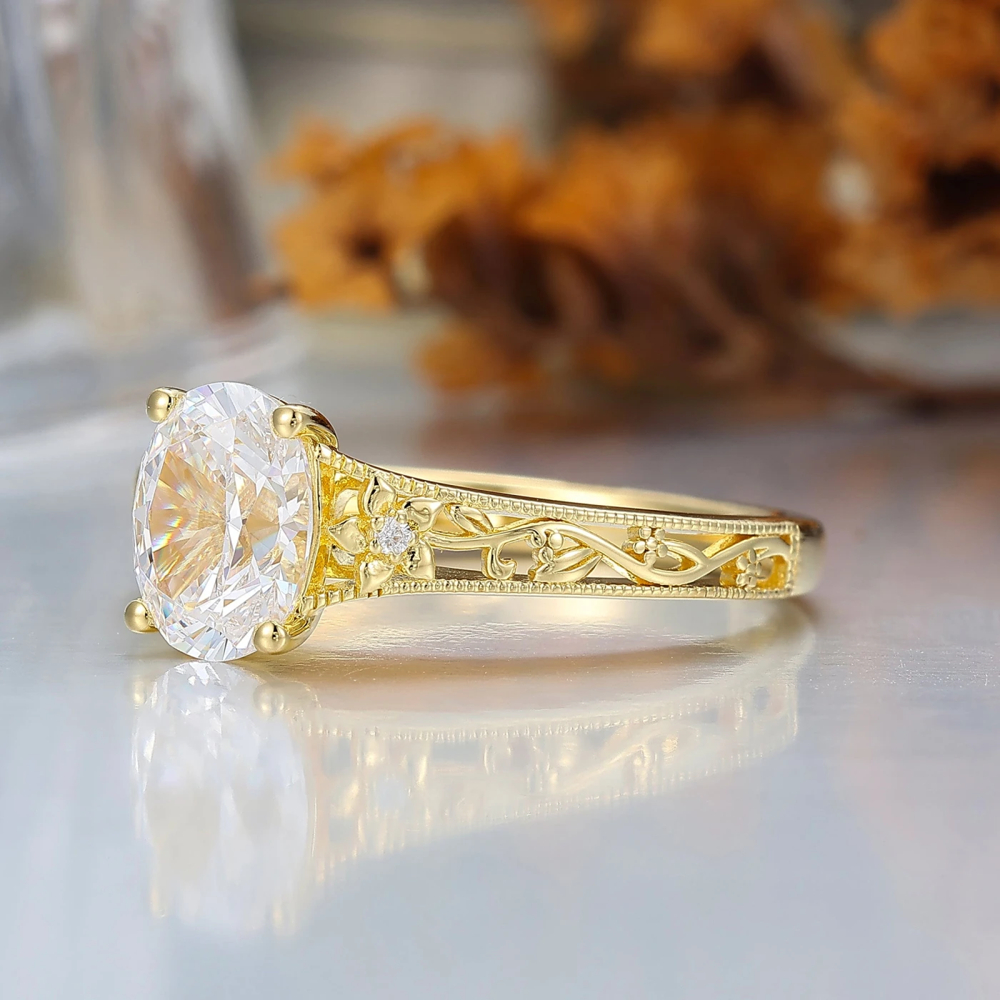 14k Yellow Gold Ornate Filigree Shank Ring Vintage Oval Cut Moissanite Engagement Rings Carved Vine Bridal Ring - view 5