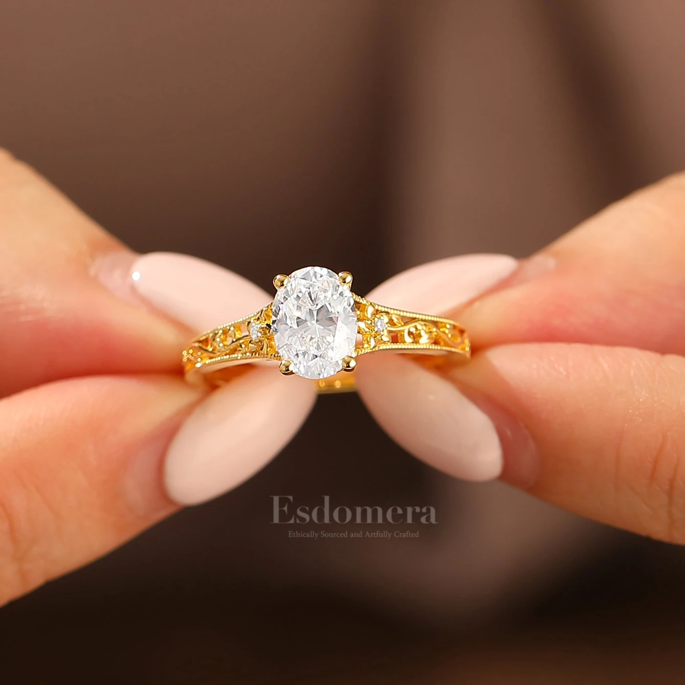 14k Yellow Gold Ornate Filigree Shank Ring Vintage Oval Cut Moissanite Engagement Rings Carved Vine Bridal Ring - view 8