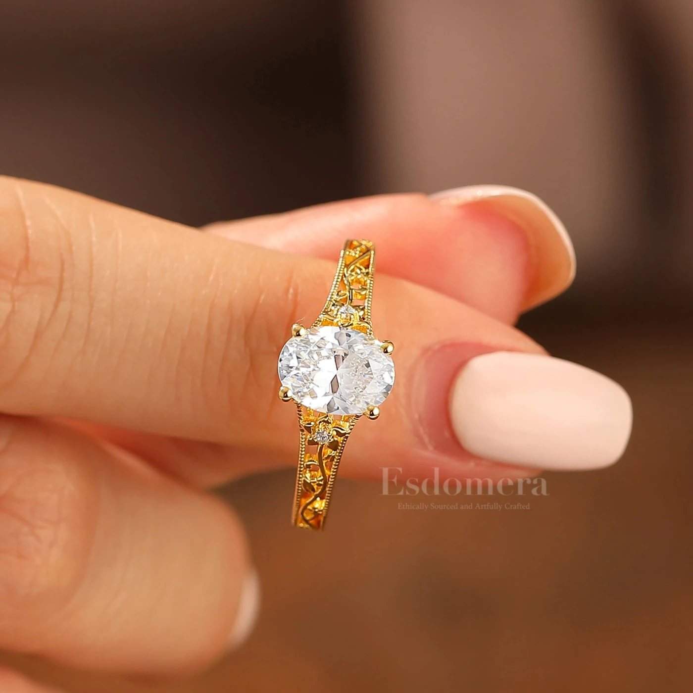 14k Yellow Gold Ornate Filigree Shank Ring Vintage Oval Cut Moissanite Engagement Rings Carved Vine Bridal Ring - view 2