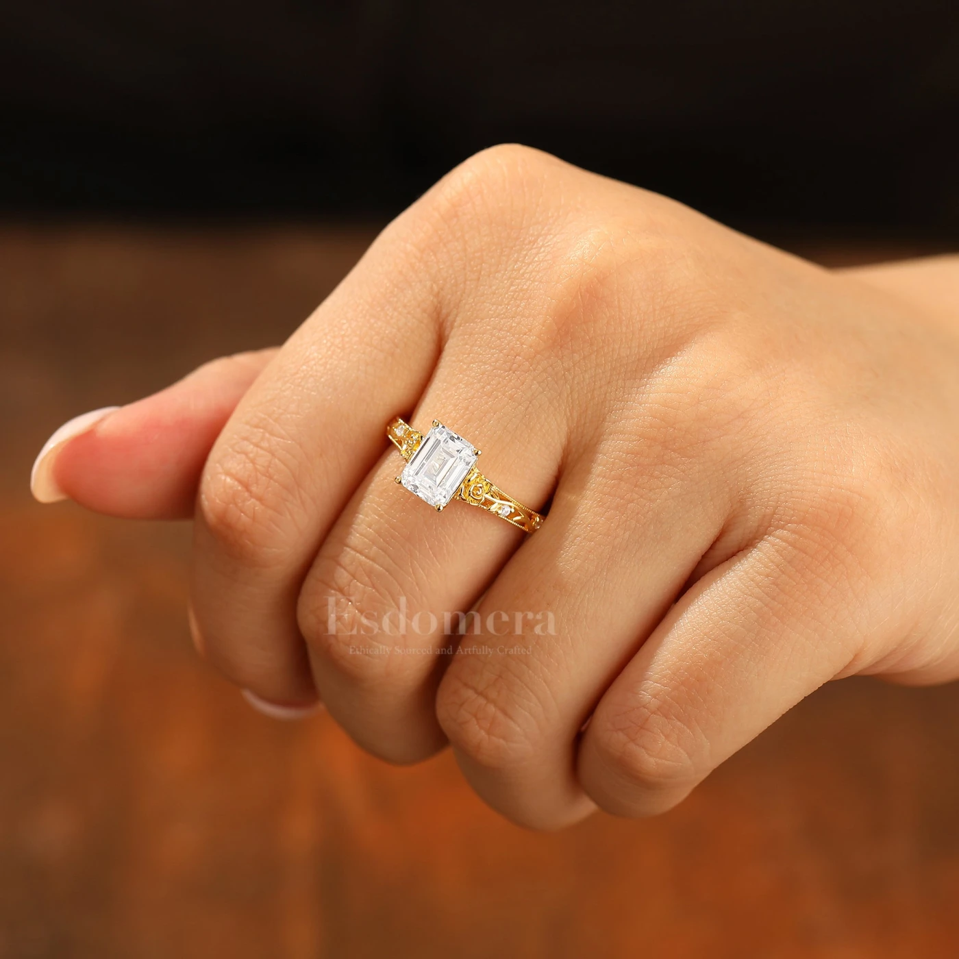 Ornate Filigree Shank Ring Leaf-inspired Emerald Cut 14K Yellow Gold Moissanite Engagement Ring Filigree Wedding Ring - view 6