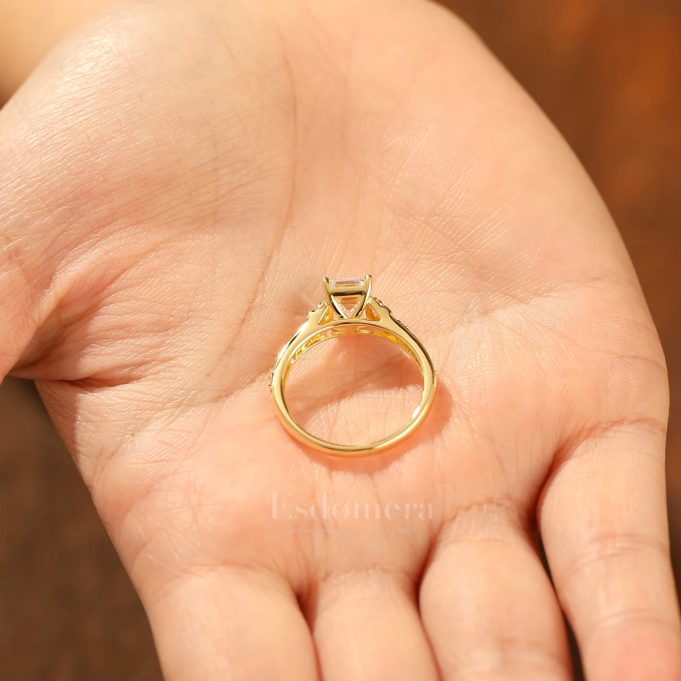 Ornate Filigree Shank Ring Leaf-inspired Emerald Cut 14K Yellow Gold Moissanite Engagement Ring Filigree Wedding Ring - view 12