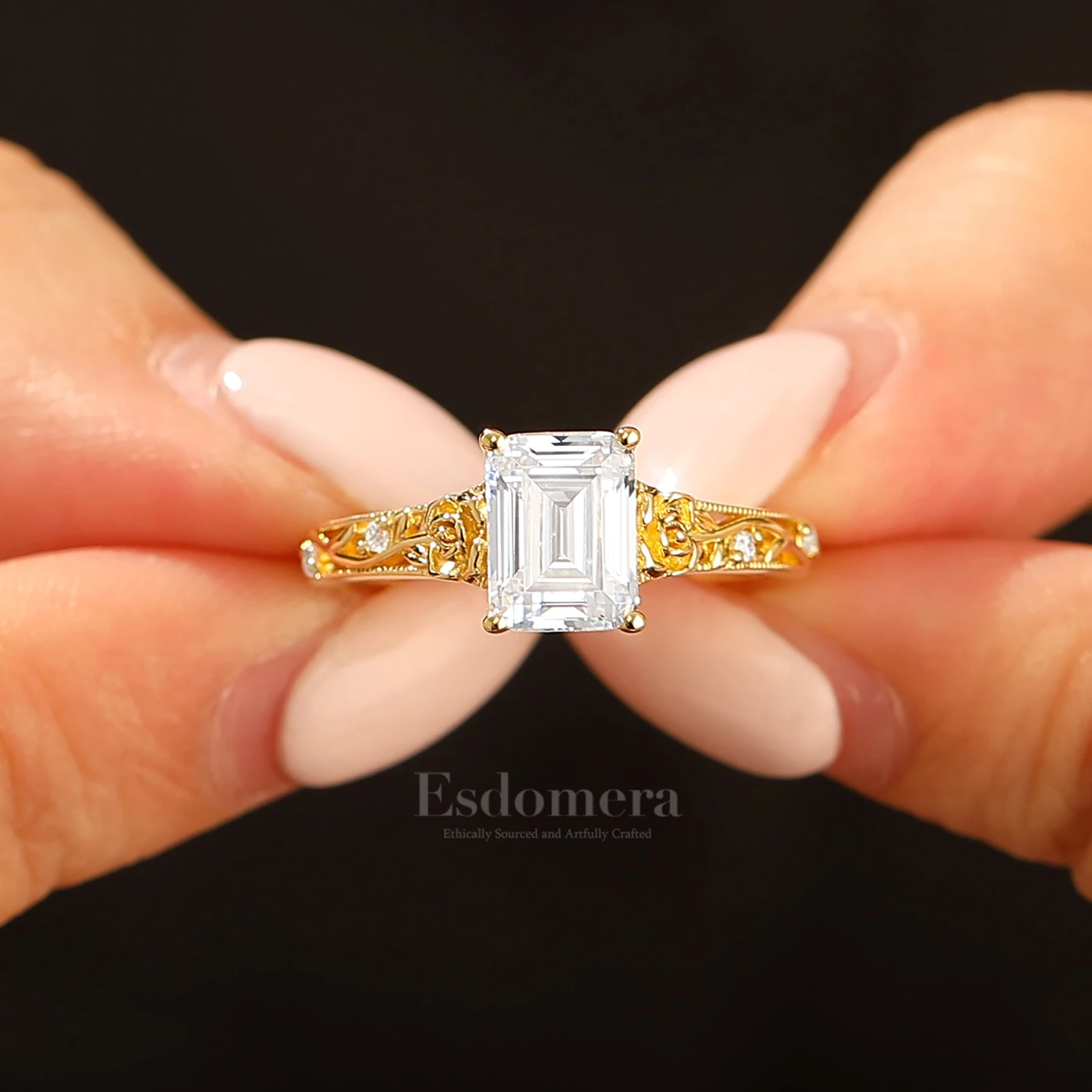 Ornate Filigree Shank Ring Leaf-inspired Emerald Cut 14K Yellow Gold Moissanite Engagement Ring Filigree Wedding Ring - view 10