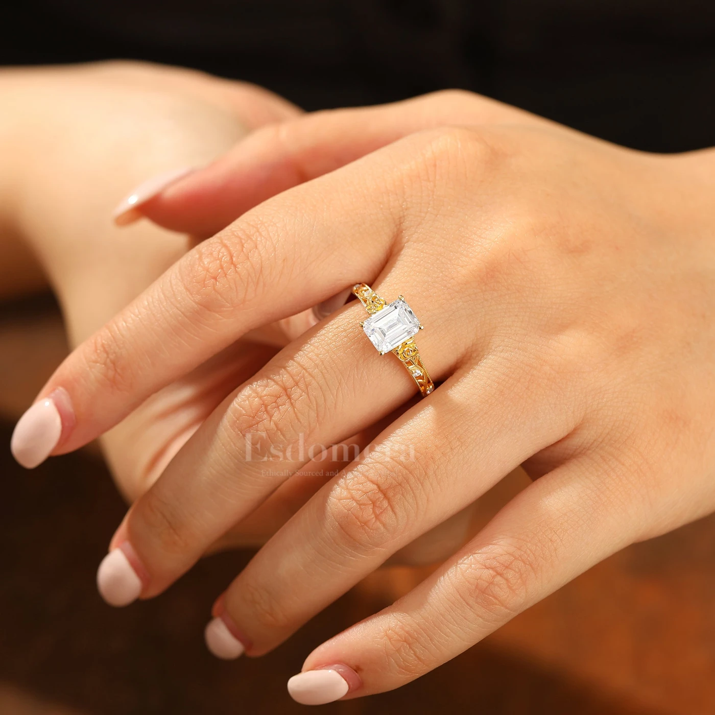 Ornate Filigree Shank Ring Leaf-inspired Emerald Cut 14K Yellow Gold Moissanite Engagement Ring Filigree Wedding Ring - view 9
