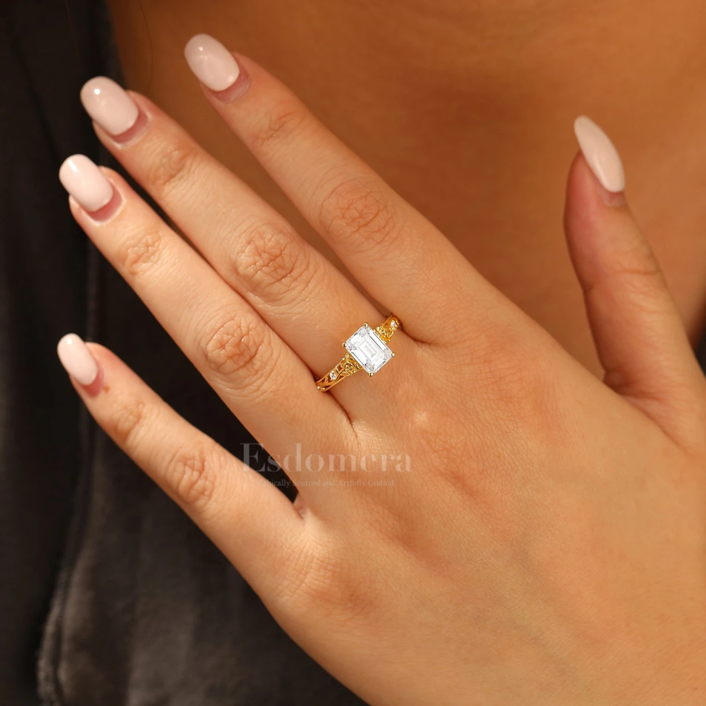 Ornate Filigree Shank Ring Leaf-inspired Emerald Cut 14K Yellow Gold Moissanite Engagement Ring Filigree Wedding Ring - view 8