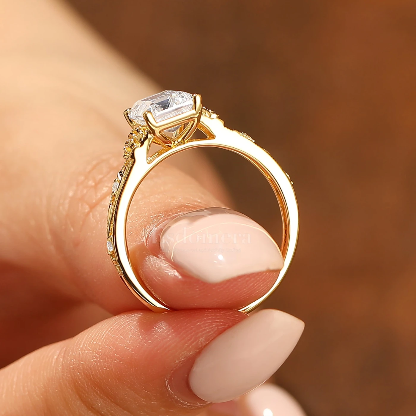 Ornate Filigree Shank Ring Leaf-inspired Emerald Cut 14K Yellow Gold Moissanite Engagement Ring Filigree Wedding Ring - view 11