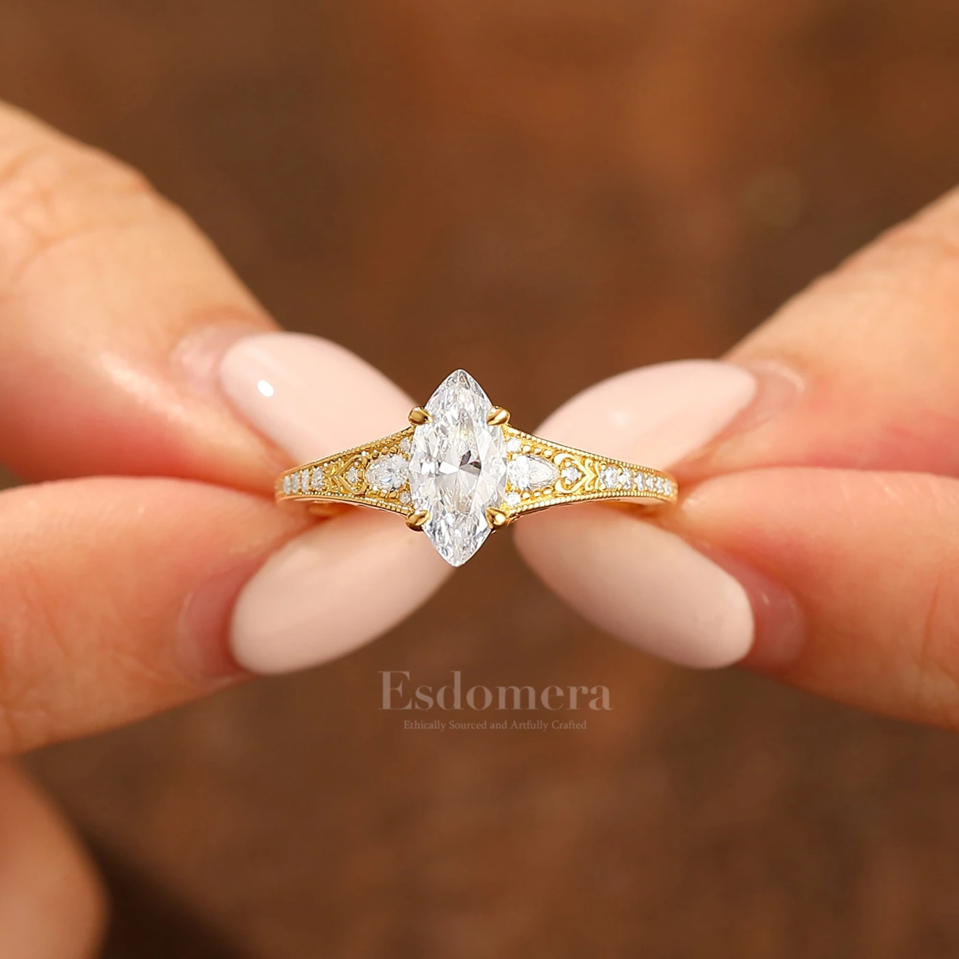 Vintage Marquise Cut Filigree Setting Ring Solid Yellow Gold Wedding Ring For Her
