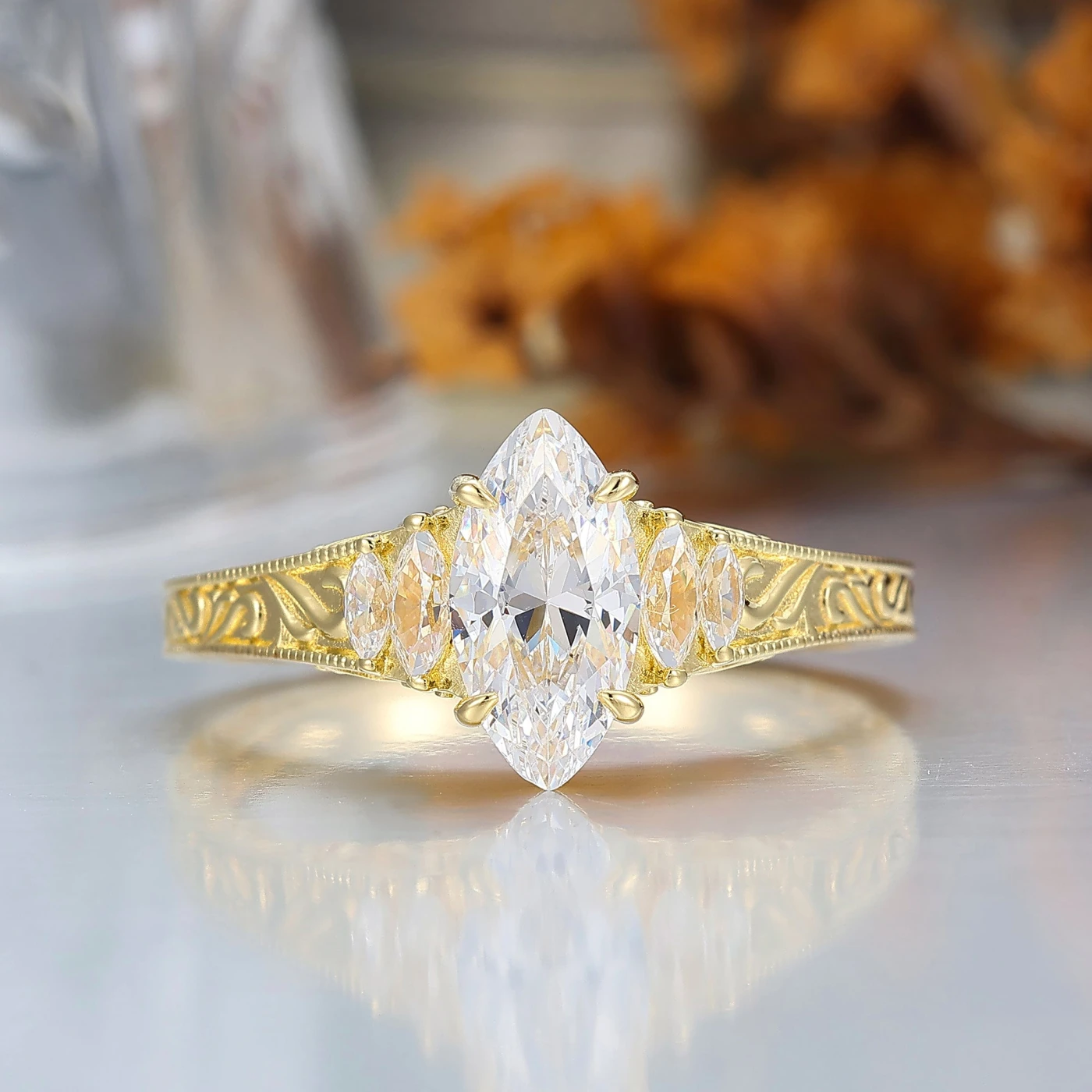 Vintage Leaf Vine Engraved Moissanite Engagement Ring Marquise Cut Moissanite Wedding Ring - view 3