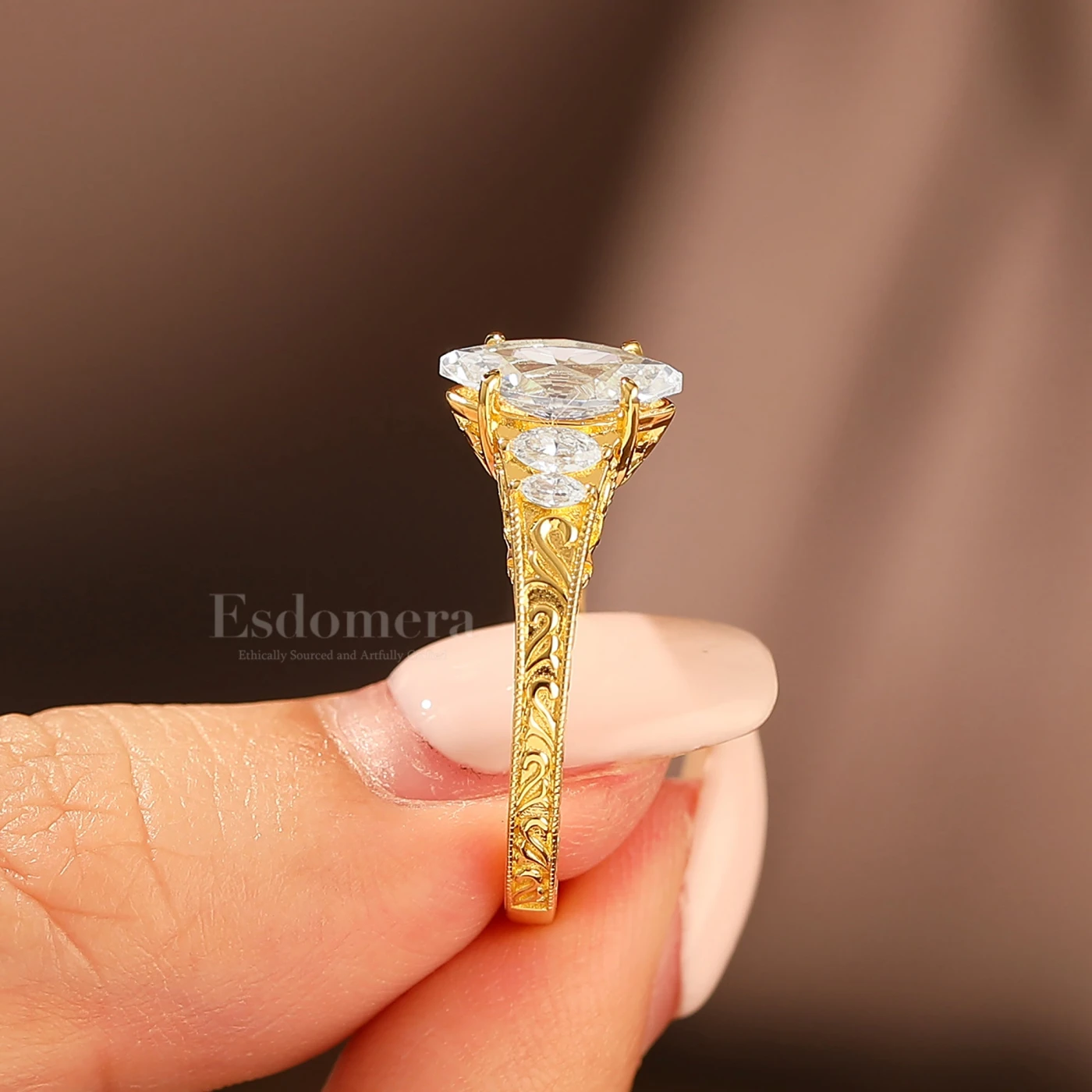 Vintage Leaf Vine Engraved Engagement Ring Marquise Cut Wedding Ring