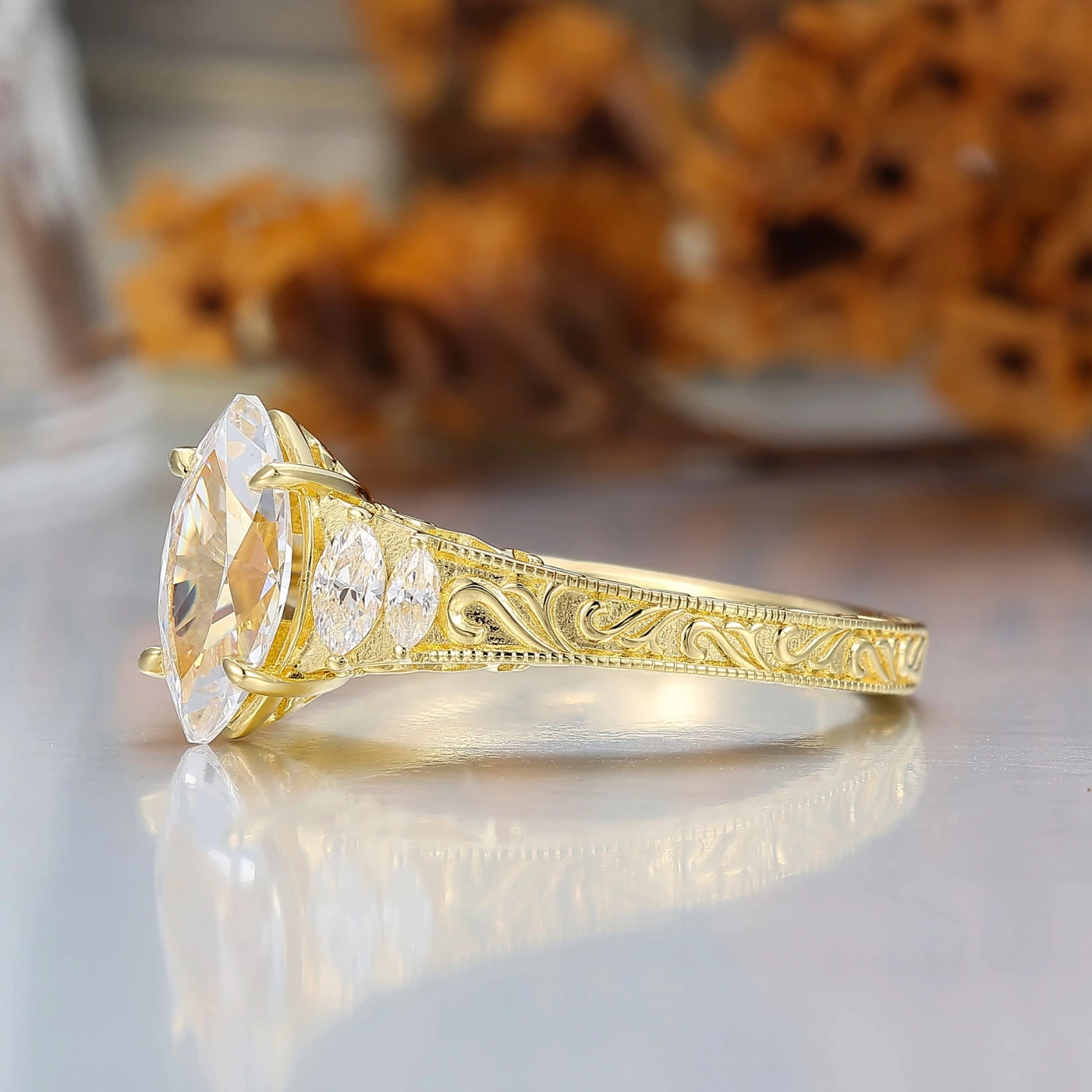 Vintage Leaf Vine Engraved Moissanite Engagement Ring Marquise Cut Moissanite Wedding Ring - view 5