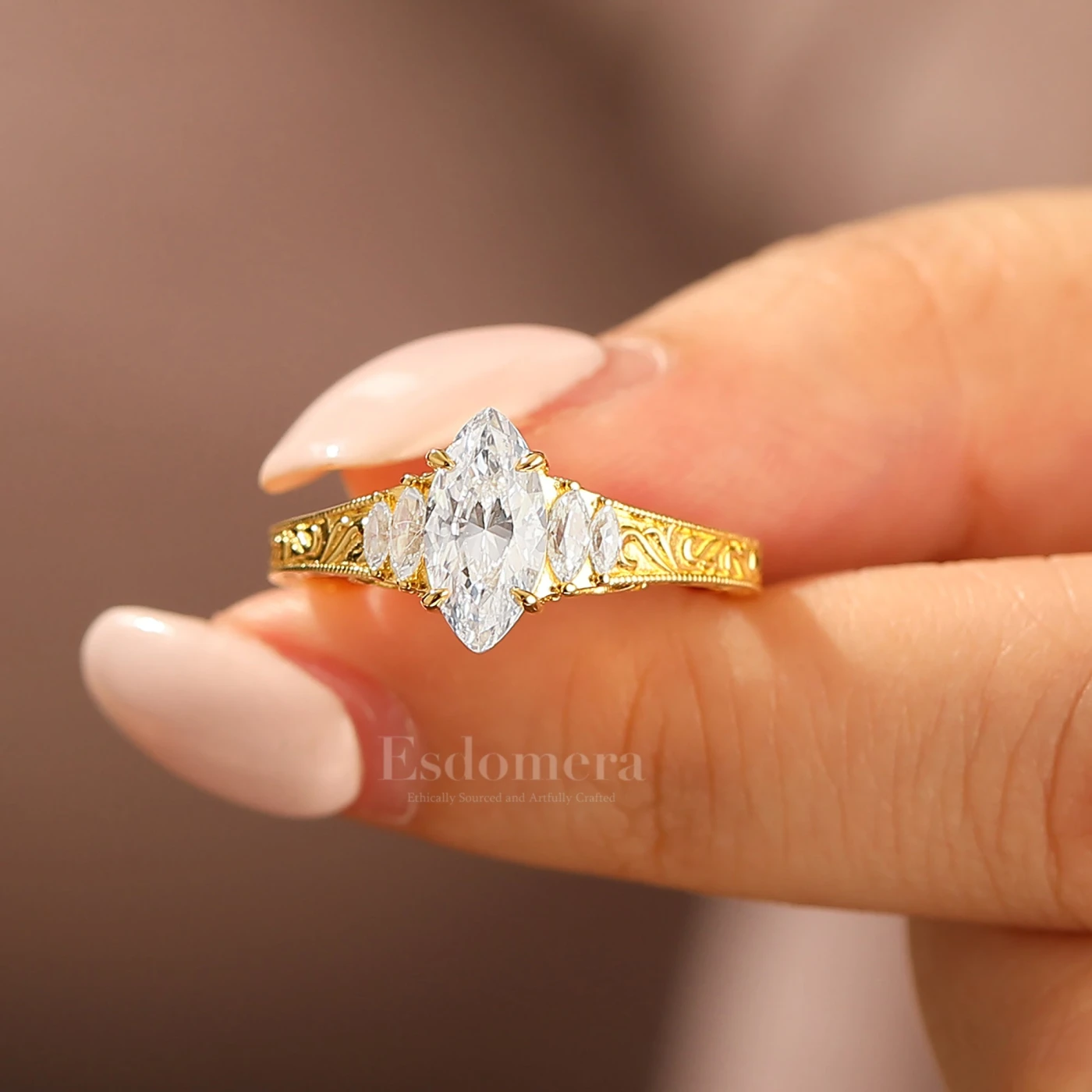 Vintage Leaf Vine Engraved Moissanite Engagement Ring Marquise Cut Moissanite Wedding Ring - view 6