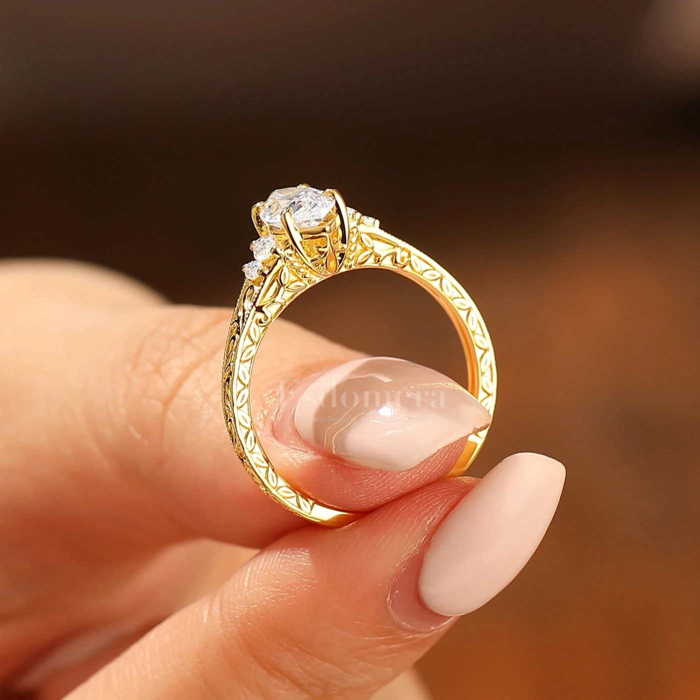 Vintage Leaf Vine Engraved Moissanite Engagement Ring Marquise Cut Moissanite Wedding Ring - view 7
