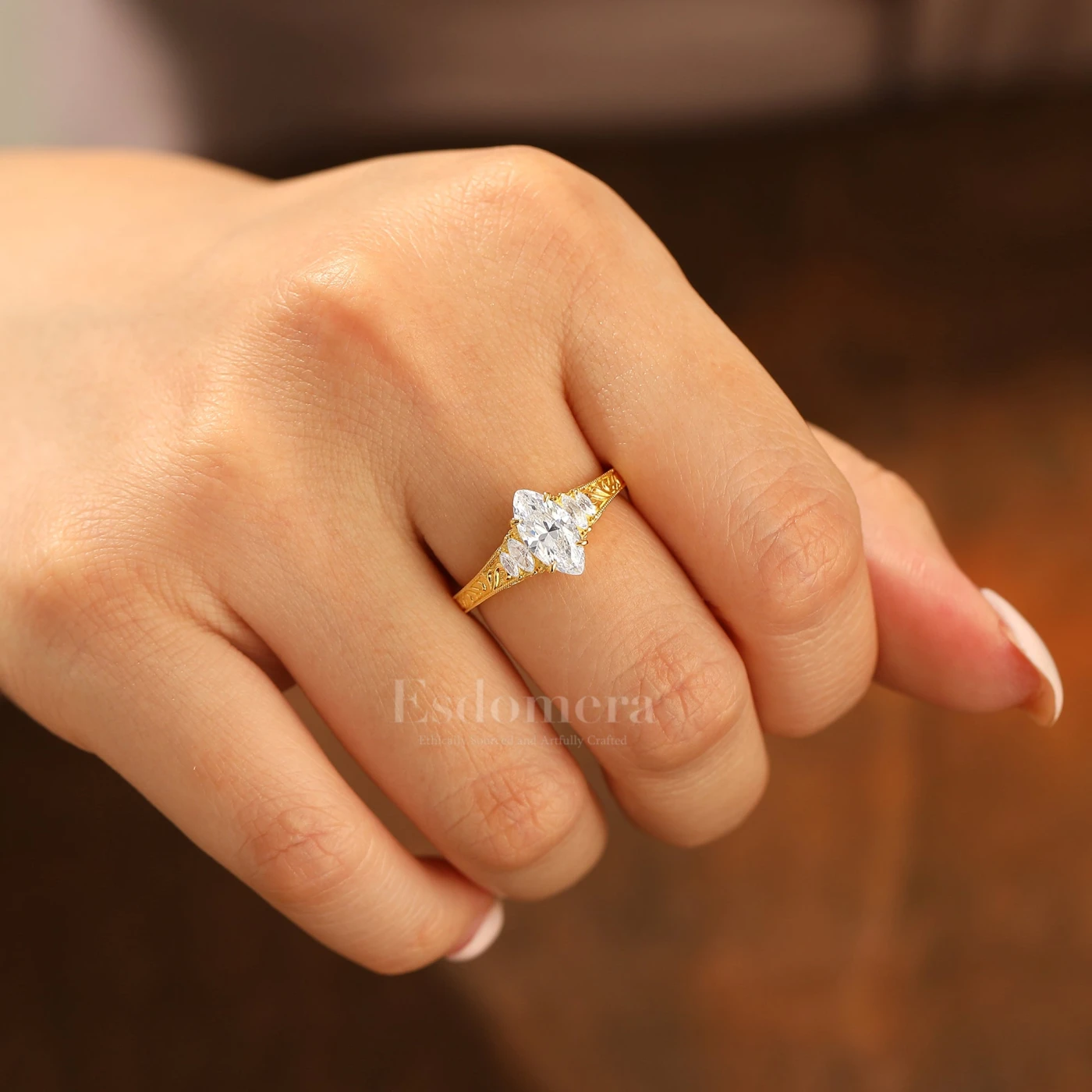 Vintage Leaf Vine Engraved Moissanite Engagement Ring Marquise Cut Moissanite Wedding Ring - view 9