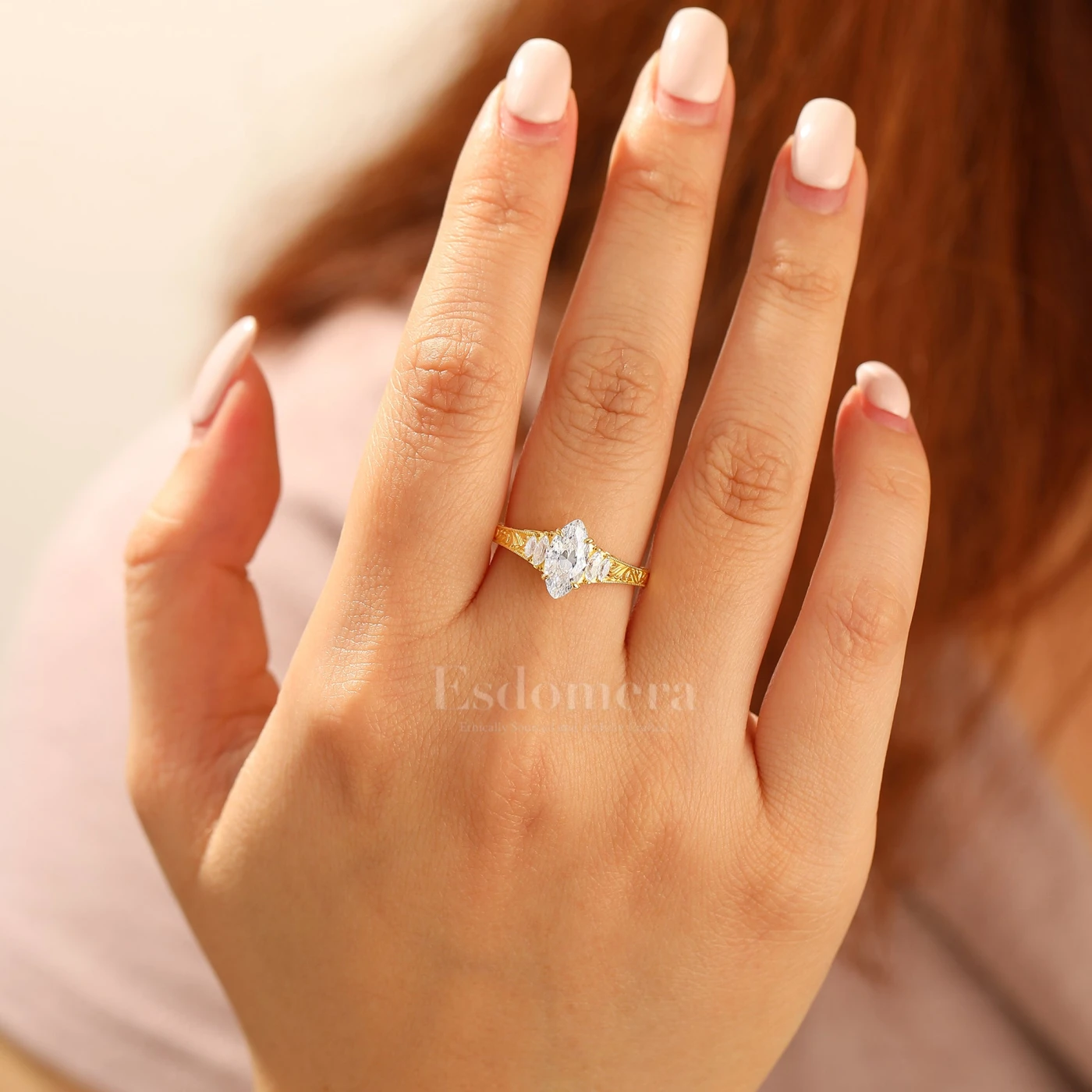 Vintage Leaf Vine Engraved Moissanite Engagement Ring Marquise Cut Moissanite Wedding Ring - view 10