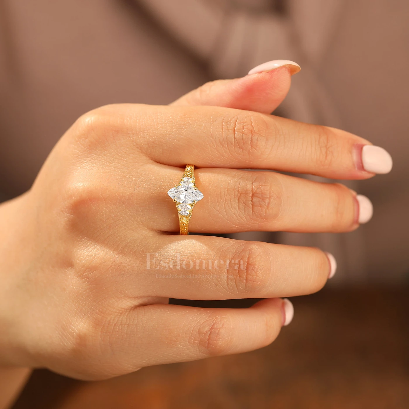 Vintage Leaf Vine Engraved Moissanite Engagement Ring Marquise Cut Moissanite Wedding Ring - view 8