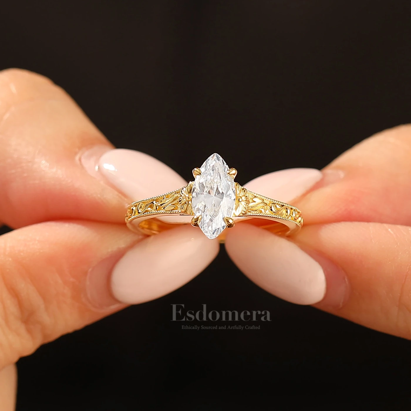 Vintage Filigree Solitaire Marquise Cut Engagement Ring 14K
