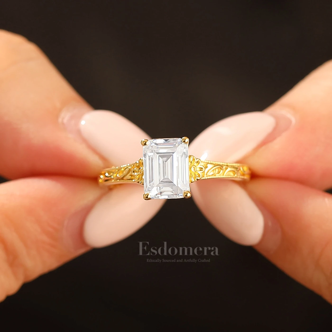 14K Solid Gold Solitaire 2CT Emerald Cut Filigreed Bridal Ring