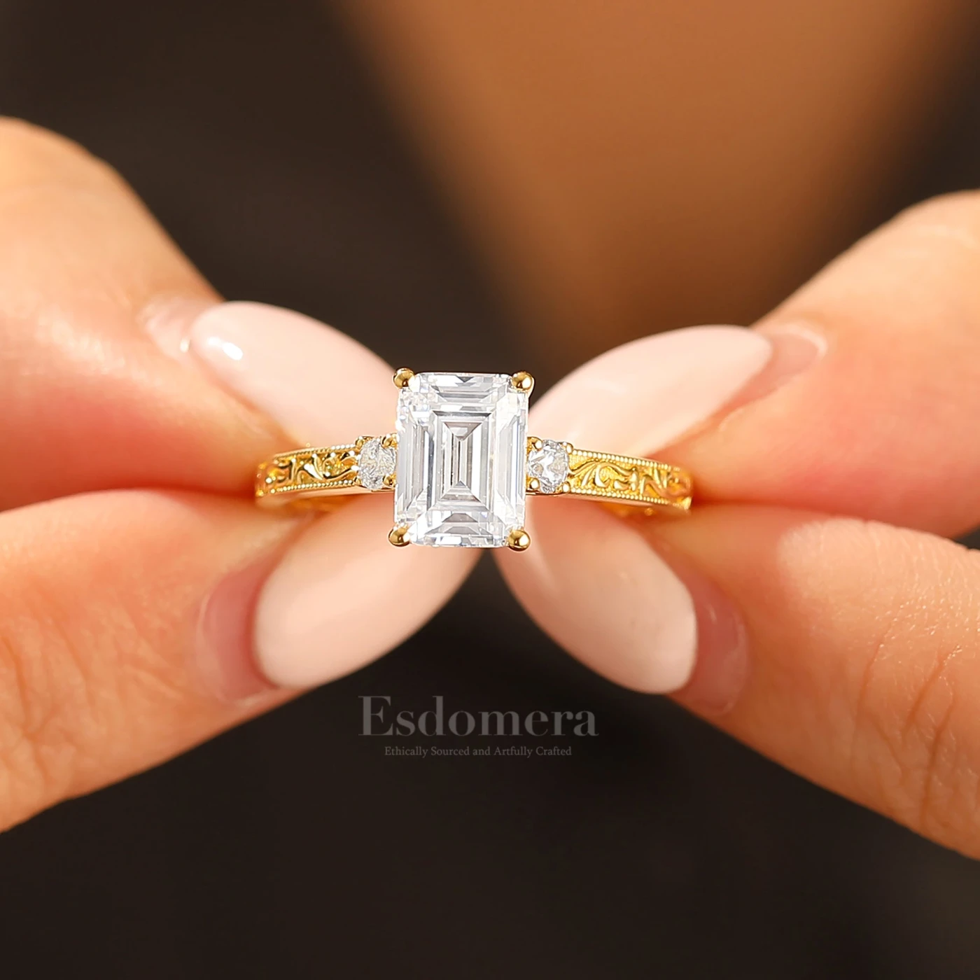 Unique Milgraine 2CT Emerald Cut Wedding Ring For Women 3 Stone Engagement Ring