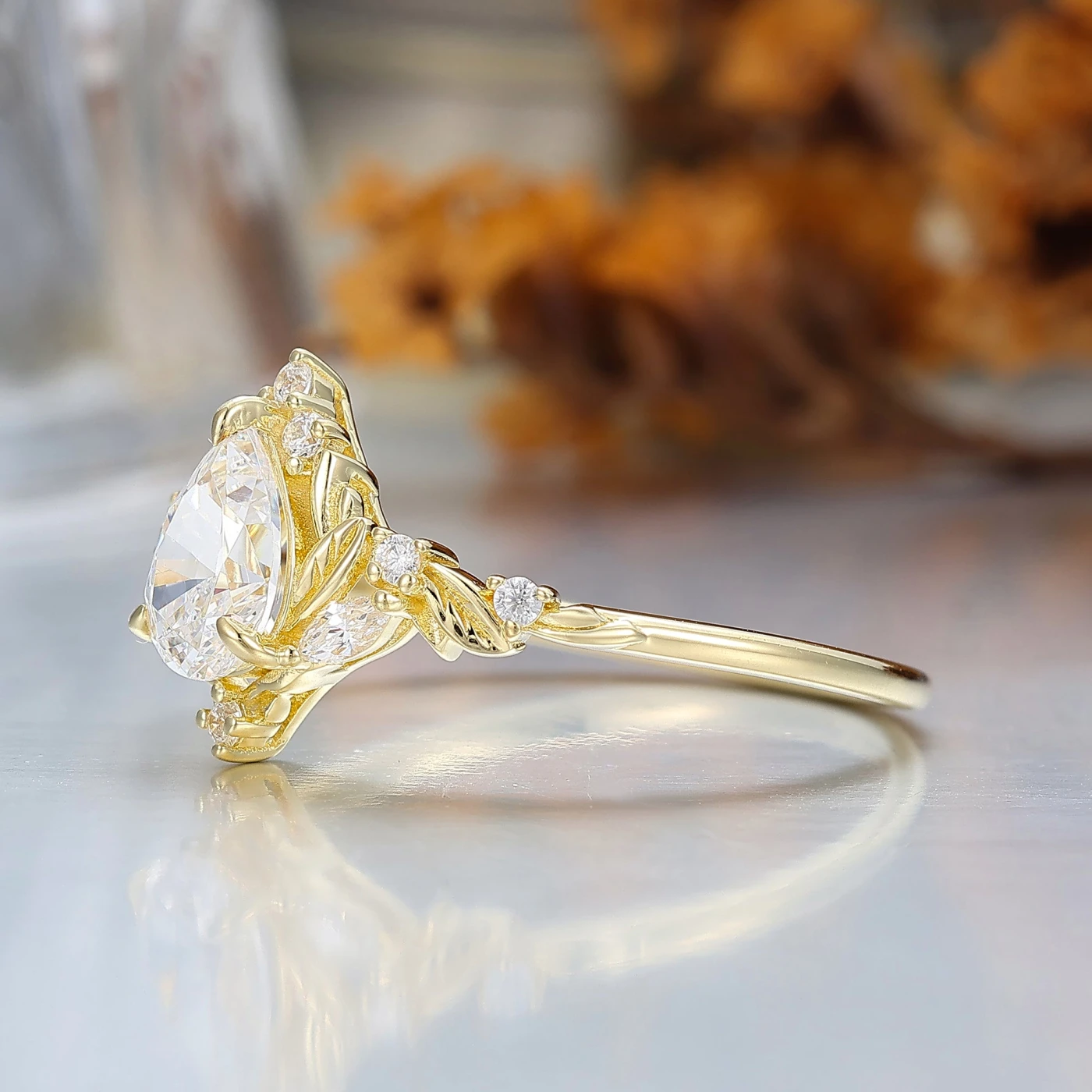 Dainty Pear Cut Moissanite Engagement Ring Solid Yellow Gold Leaf Engraved Women Ring - view 4