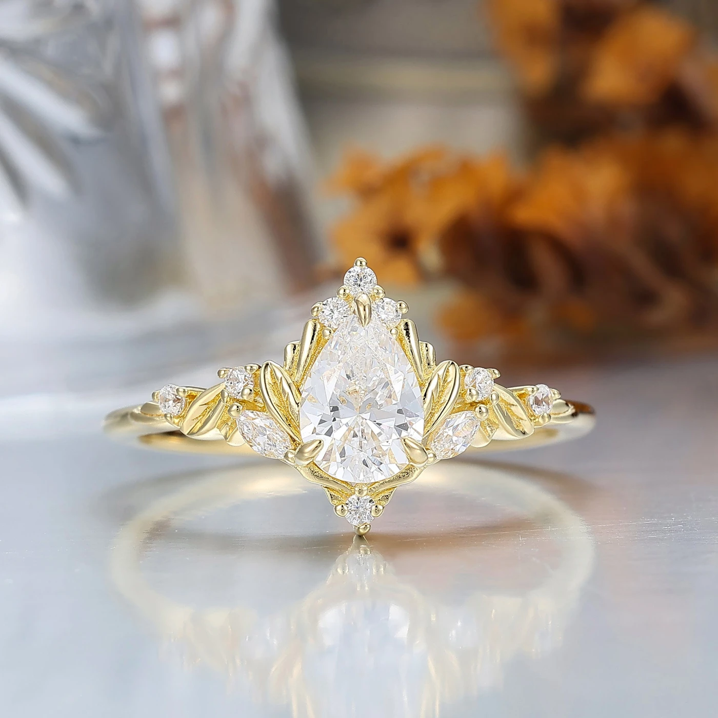 Dainty Pear Cut Moissanite Engagement Ring Solid Yellow Gold Leaf Engraved Women Ring - view 3