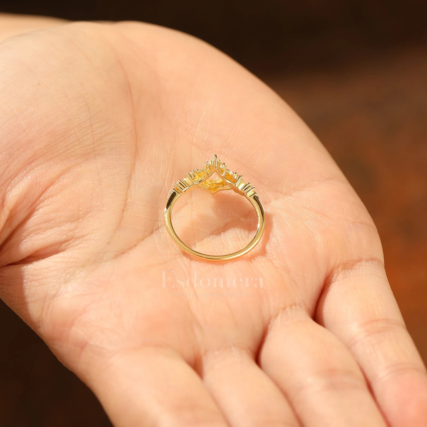 Dainty Pear Cut Moissanite Engagement Ring Solid Yellow Gold Leaf Engraved Women Ring - view 12