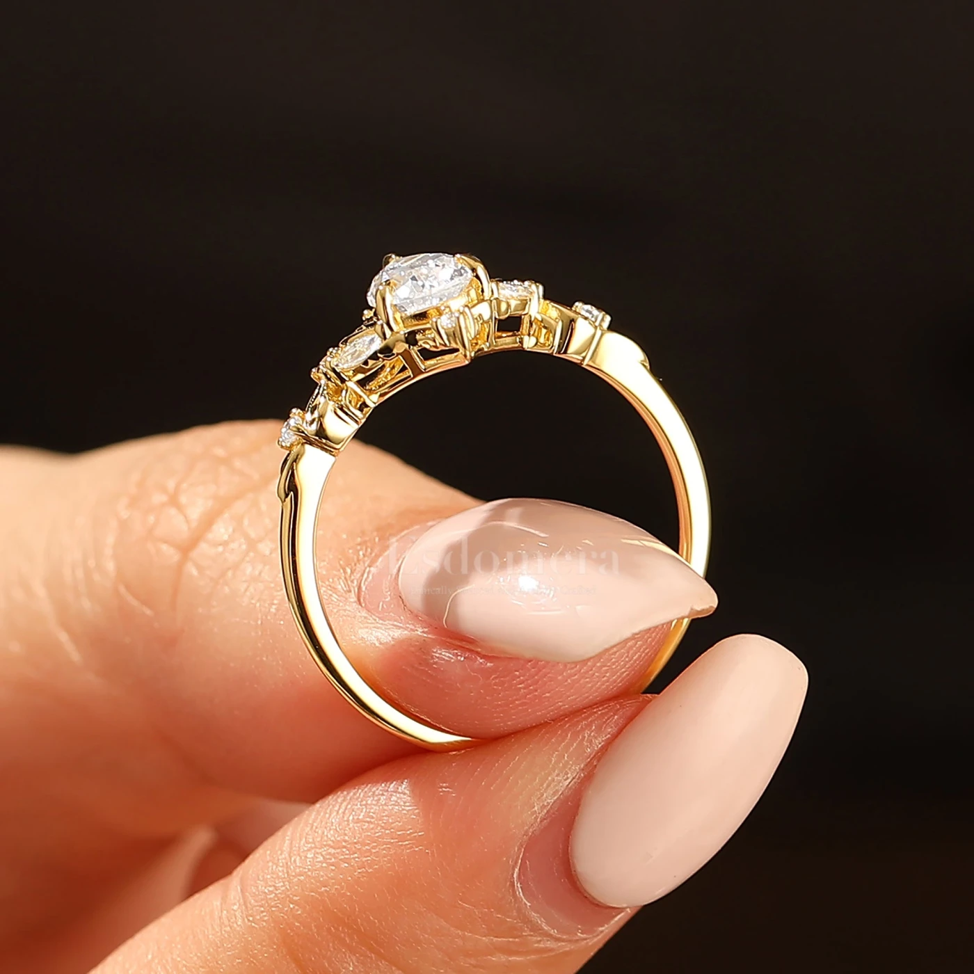 Dainty Pear Cut Moissanite Engagement Ring Solid Yellow Gold Leaf Engraved Women Ring - view 6